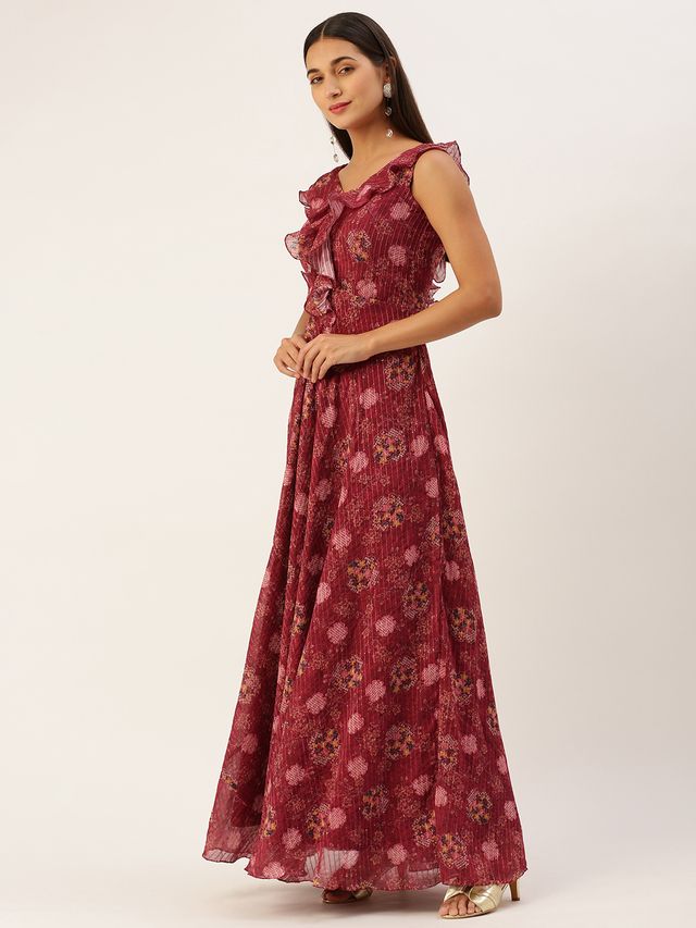 Bollywood Vogue Ready To Wear Wine Georgette Digital Print V Neck Gown