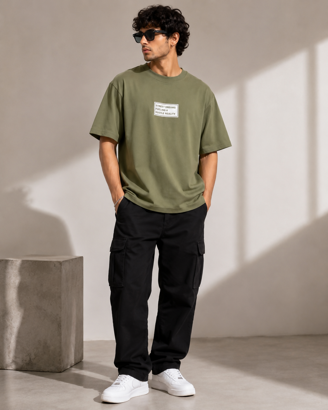 Hustle Street Dreams Oversized T-Shirt for Men – Olive Green Half Sleeve
