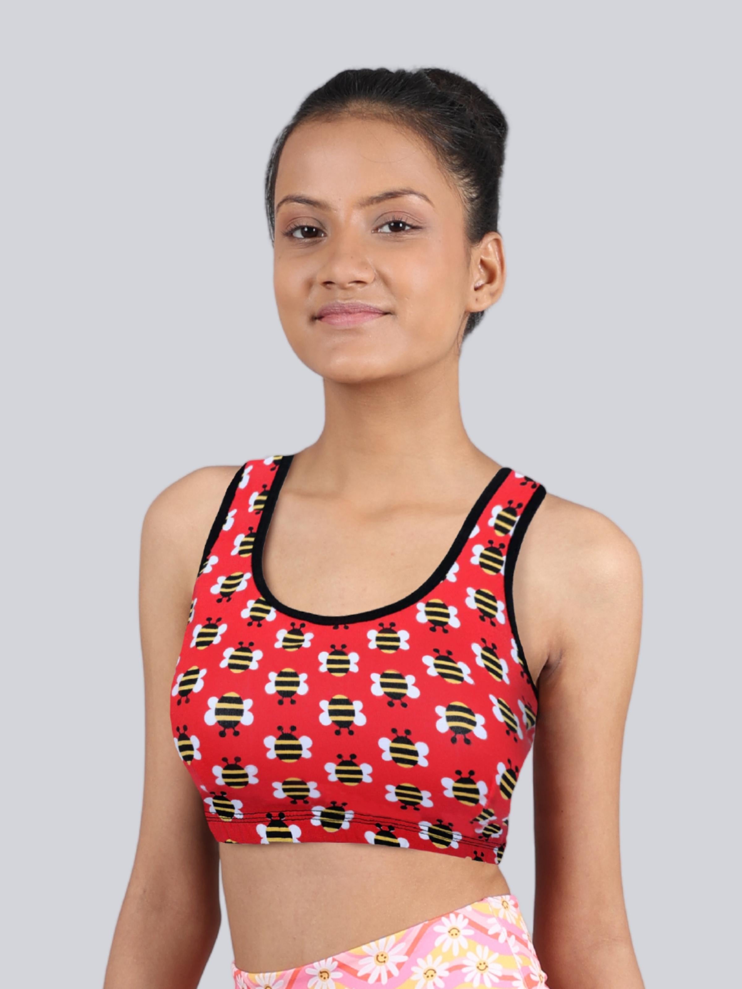 D'chica Essentials Assorted Double-layer Broad Strap Cotton Athletic Bra | Non Padded Beginner Bra | Printed Bra|Color RED| Dchica Fashion Lifestyle