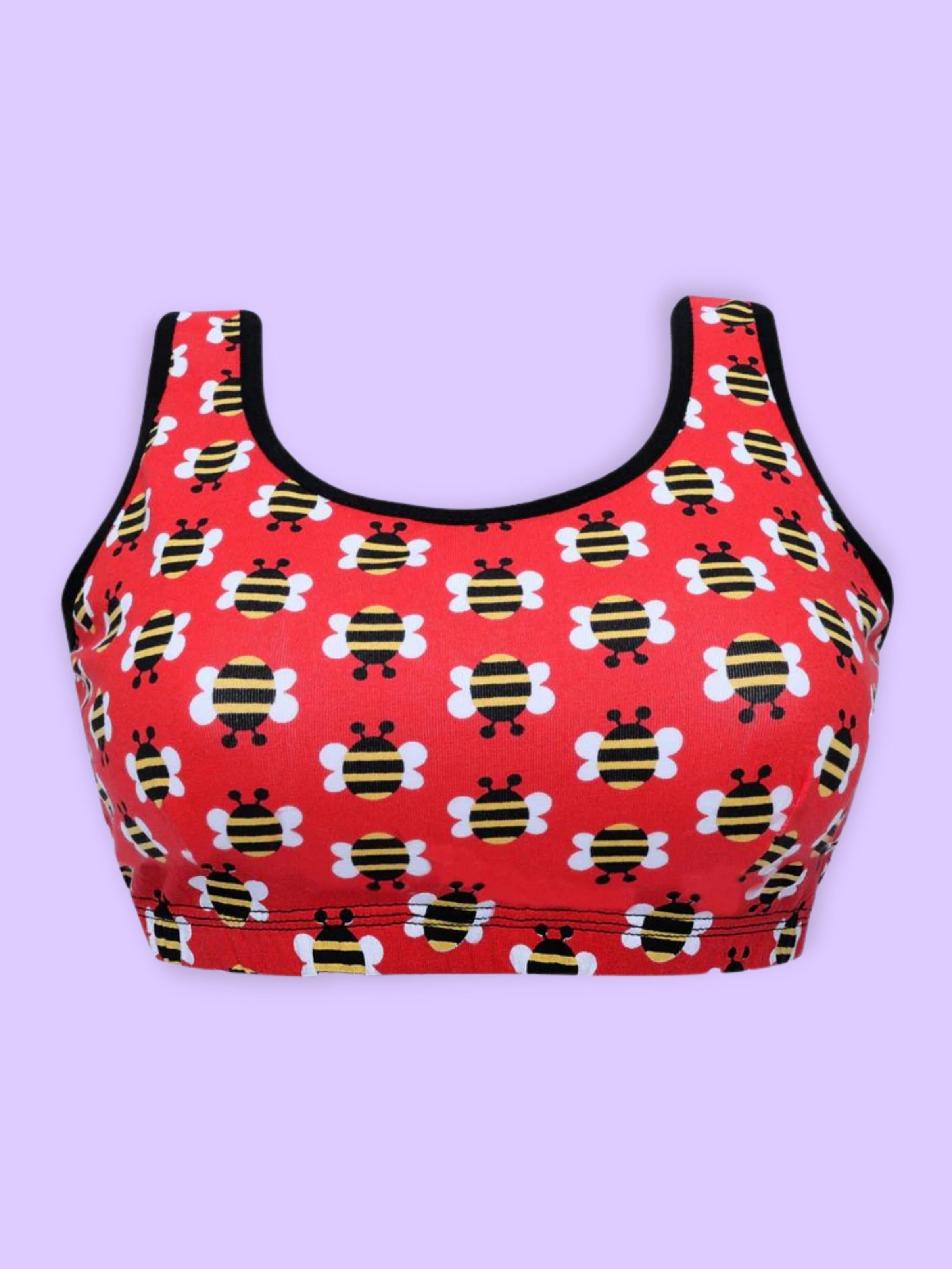 D'chica Essentials Assorted Double-layer Broad Strap Cotton Athletic Bra | Non Padded Beginner Bra | Printed Bra|Color RED| Dchica Fashion Lifestyle
