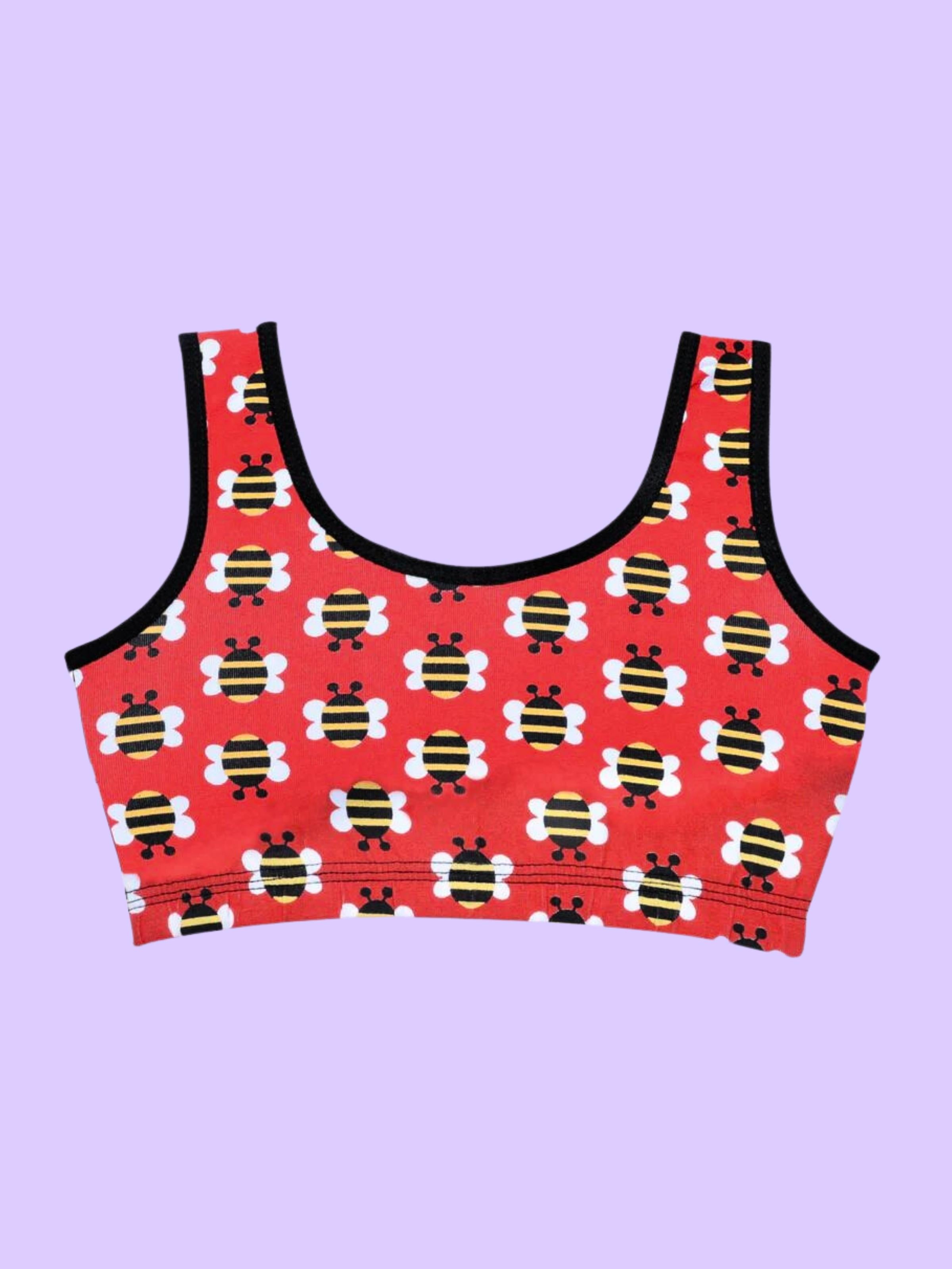 D'chica Essentials Assorted Double-layer Broad Strap Cotton Athletic Bra | Non Padded Beginner Bra | Printed Bra|Color RED| Dchica Fashion Lifestyle