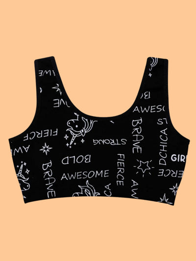D'chica Essentials Assorted Double-layer Broad Strap Cotton Athletic Bra | Non Padded Beginner Bra | Printed Bra| Color Black| Dchica Fashion Lifestyle