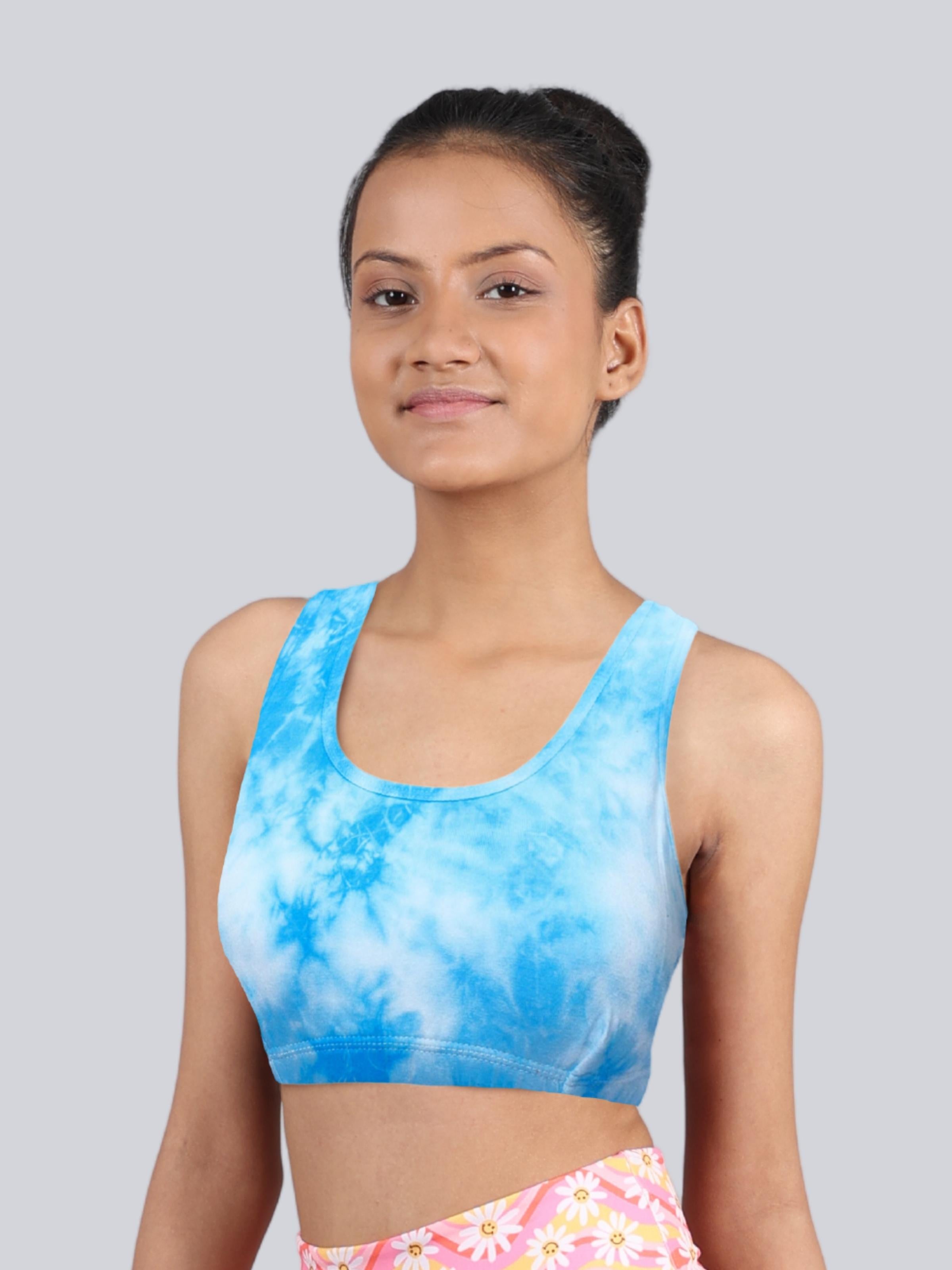 D'chica Essentials Assorted Double-layer Broad Strap Cotton Gym Bra | Non Padded Beginner Bra | Tie & Dye Print Bra (Colour-Blue) Dchica Fashion Lifestyle