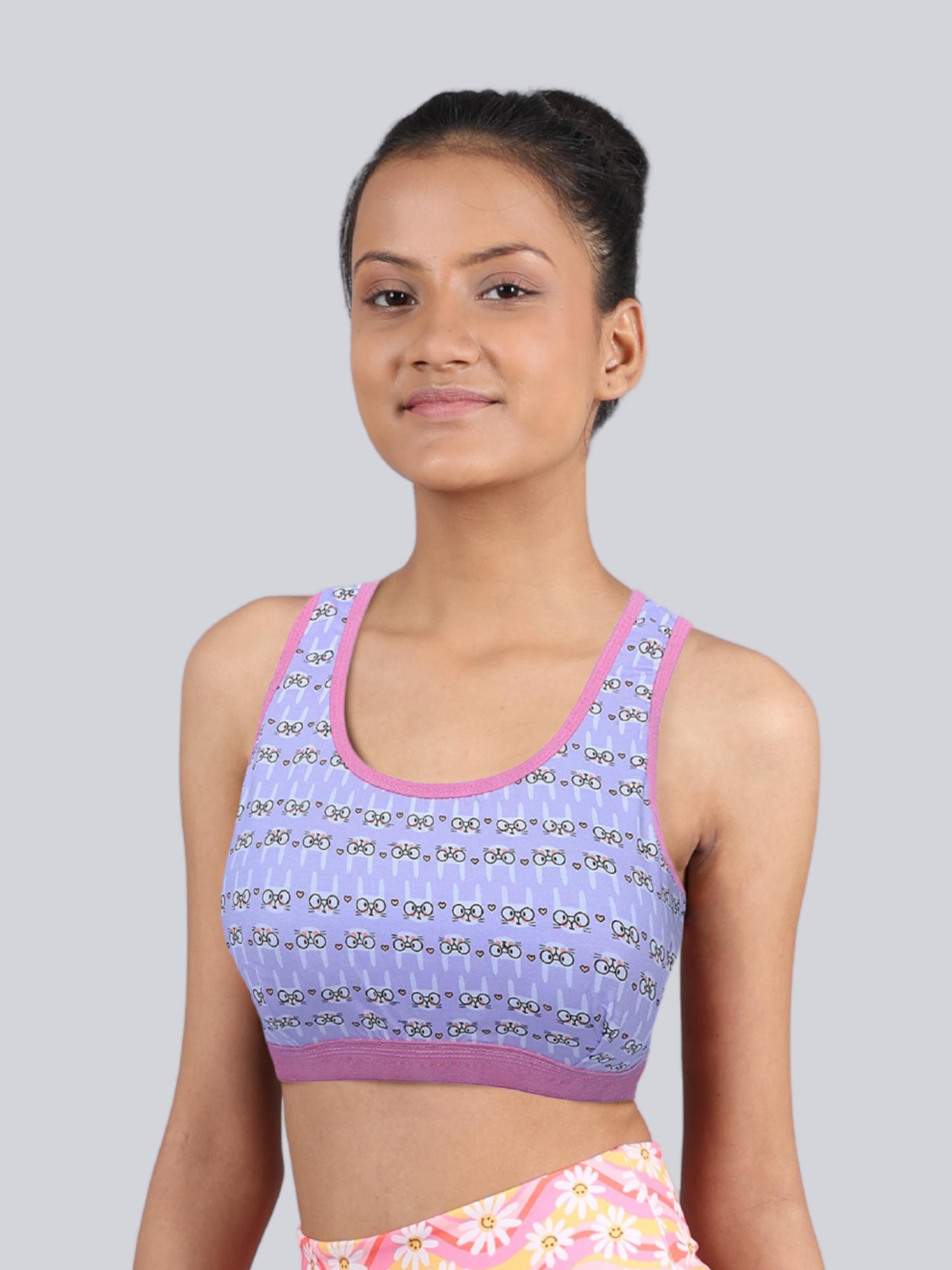 D'chica Essentials Assorted Single-Layer Broad Strap Cotton Workout Bra | Non-Padded Beginner Bra | Bunny Printed Bra (Colour-Purple) Dchica Fashion Lifestyle