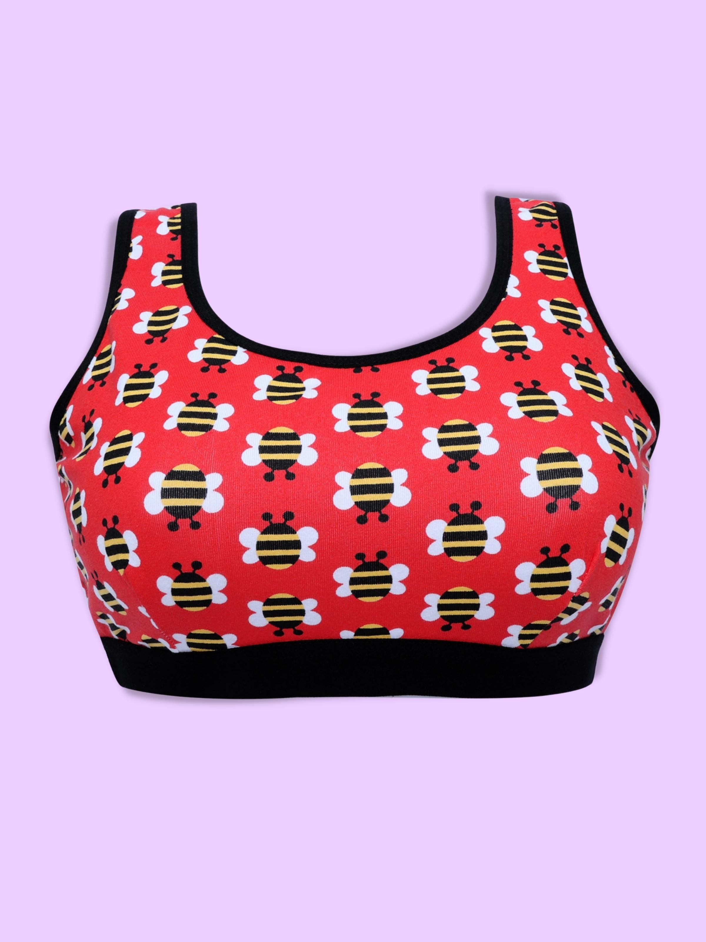 D'chica Essentials Assorted Single-Layer Broad Strap Cotton Yoga Bra | Non-Padded Beginner Bra | Bee Printed Bra (Colour-Red) Dchica Fashion Lifestyle