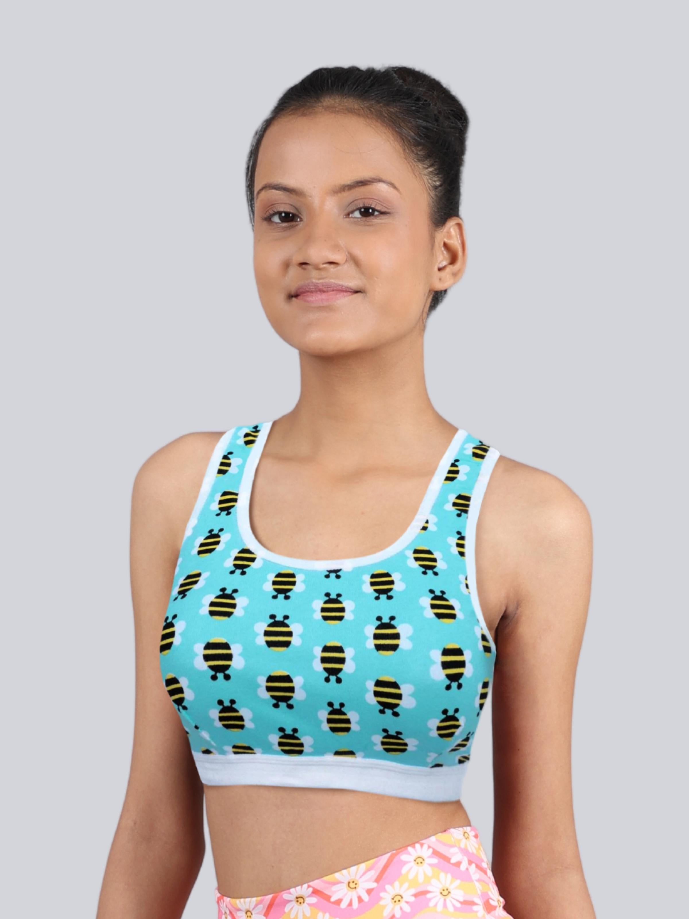 D'chica Essentials Assorted Single-Layer Broad Strap Cotton Sports Bra | Non-Padded Beginner Bra | Bee Printed Style (Colour-Blue) Dchica Fashion Lifestyle
