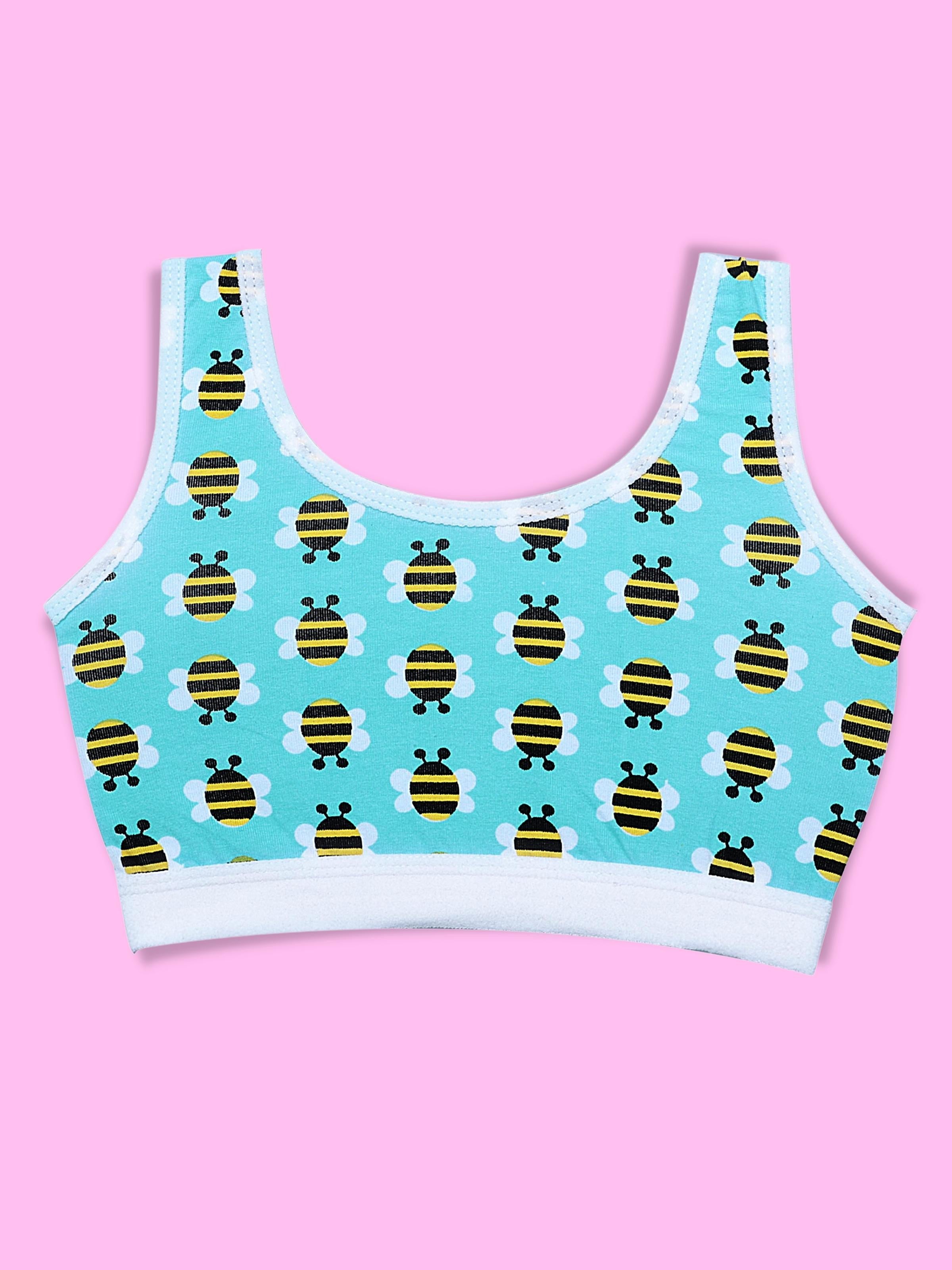 D'chica Essentials Assorted Single-Layer Broad Strap Cotton Sports Bra | Non-Padded Beginner Bra | Bee Printed Style (Colour-Blue) Dchica Fashion Lifestyle