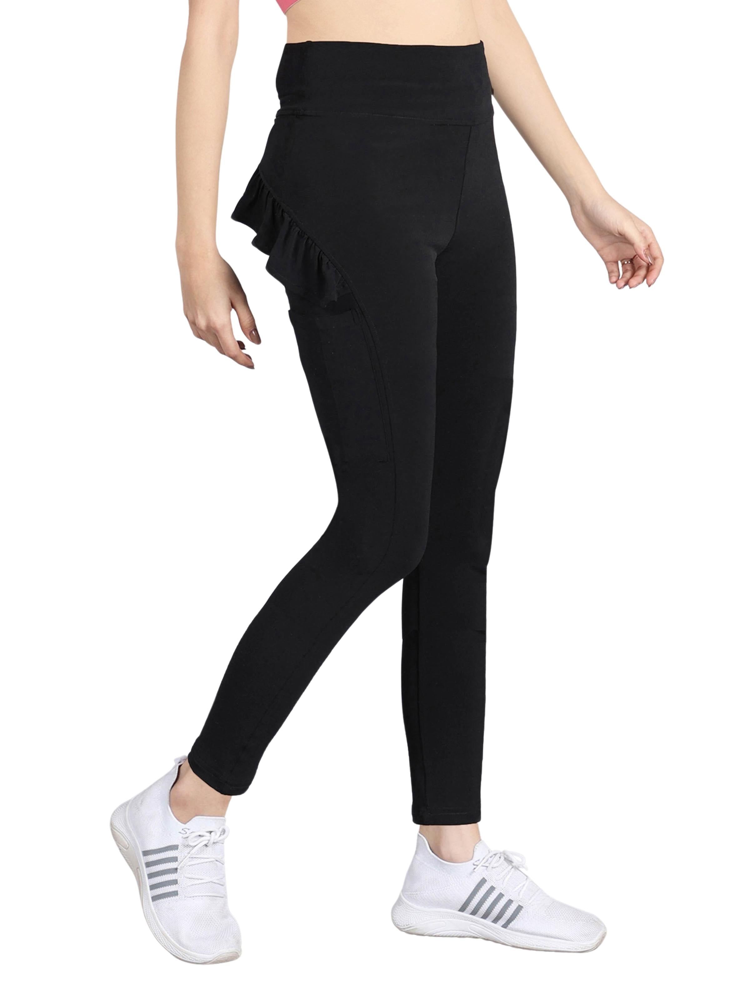 D'chica Essentials Assorted Ruffled Leggings With Side Pocket | Solid Black Activewear (colour black) Dchica Fashion Lifestyle