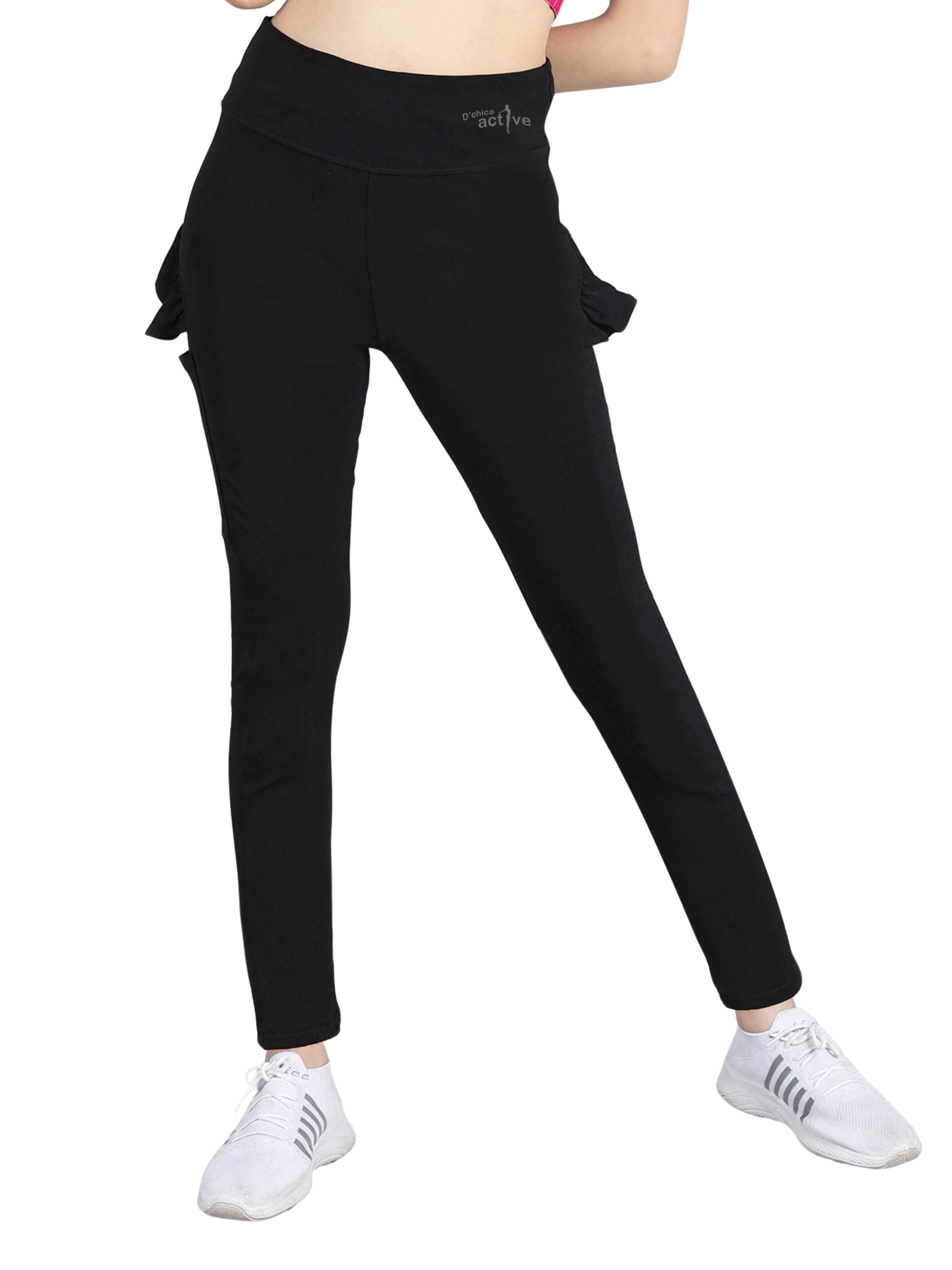 D'chica Essentials Assorted Ruffled Leggings With Side Pocket | Solid Black Activewear (colour black) Dchica Fashion Lifestyle