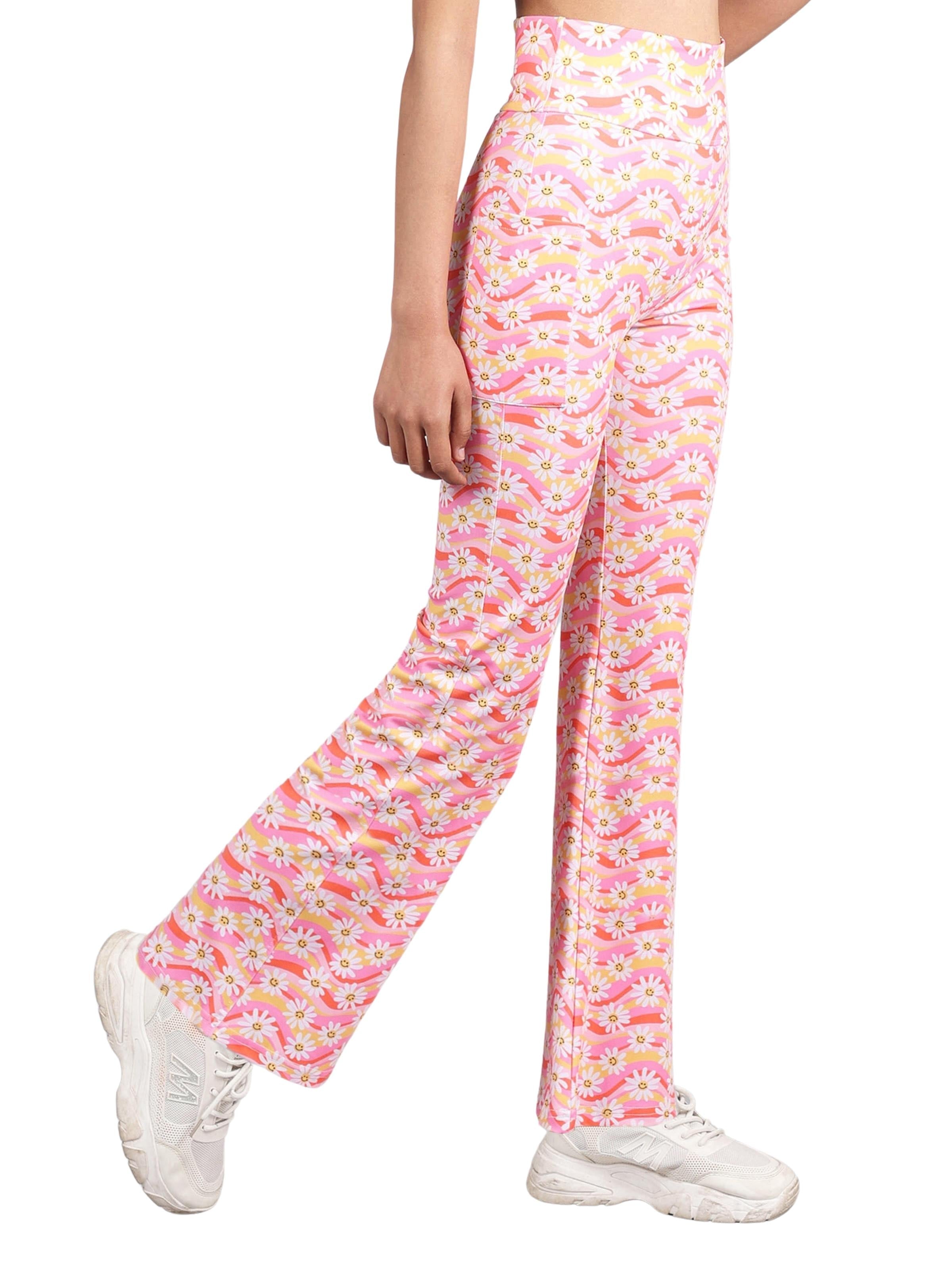D'chica Essentials Assorted Stretchable Bell Bottom Pants | Sunflower Print Sports Leggings (colour Peach) Dchica Fashion Lifestyle