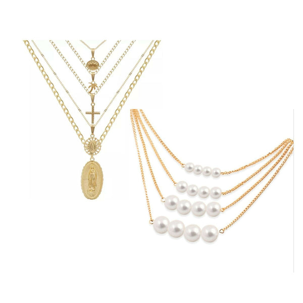 Golden Glamour & Pearls: 5 Layer Zeus Chain Necklace Set of 2 Elegant Jewelry Set for Women pinapes