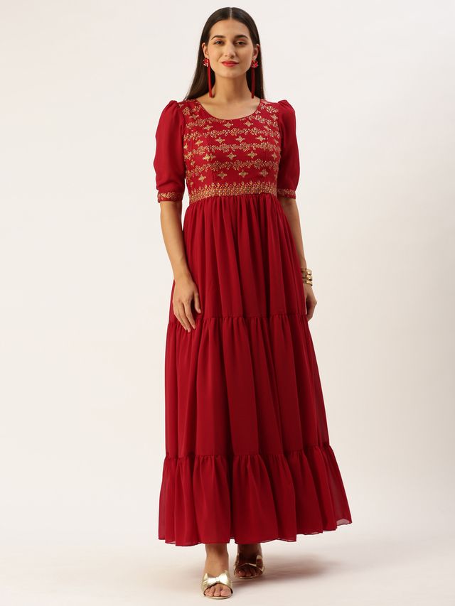 Bollywood Vogue Ready To Wear Maroon Art Silk N Geogette Flare Dress