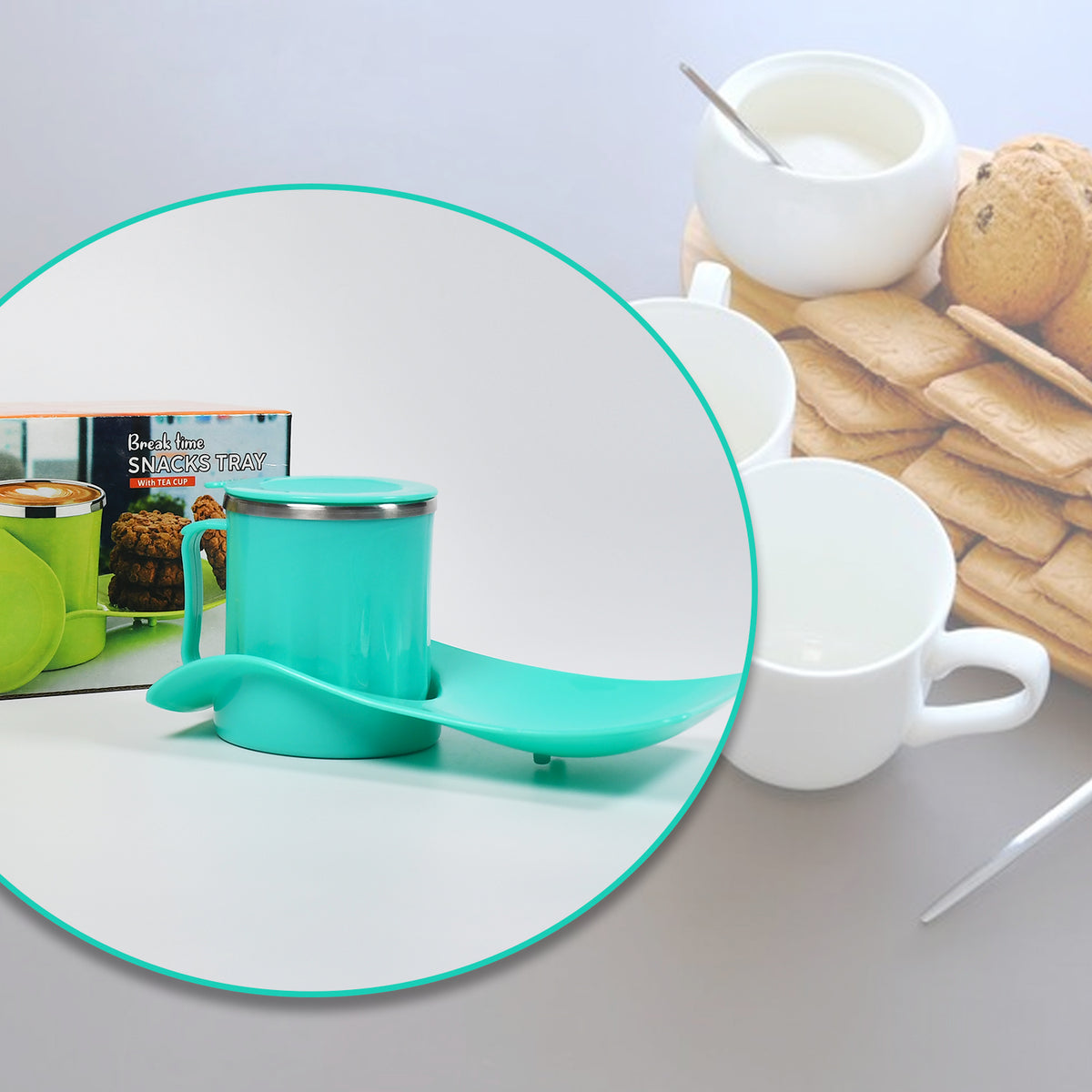 Snacks Tray Inside Steel Cup 350ml Break Time Tray For Kids Home Use