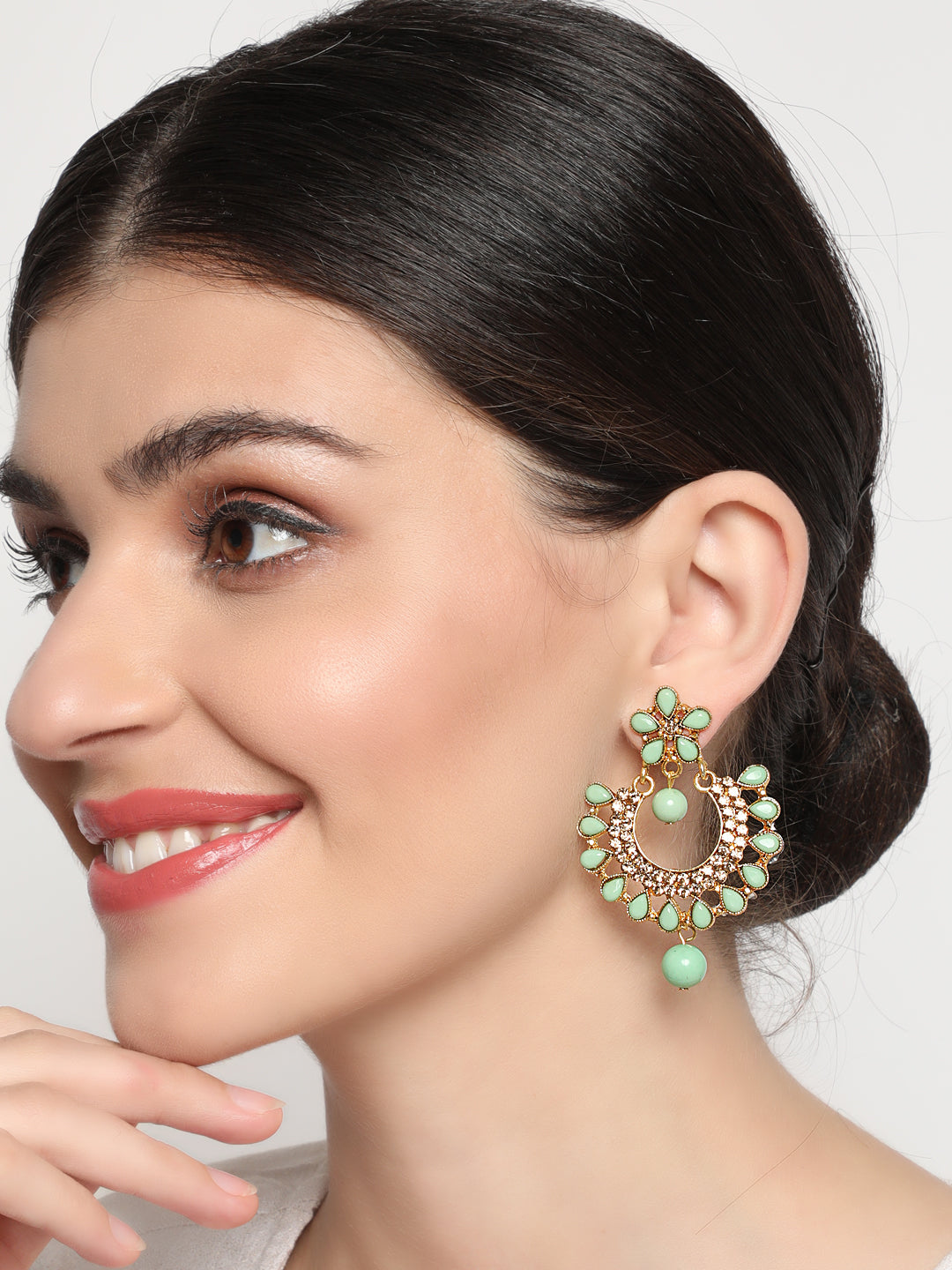 Green Gold-Plated Kundan-Studded Handcrafted Crescent-Shaped Chandbalis