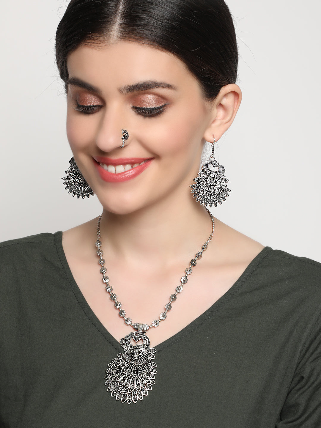 German Silver Oxidised Peacock Jewellery Set With Ring And Nosepin