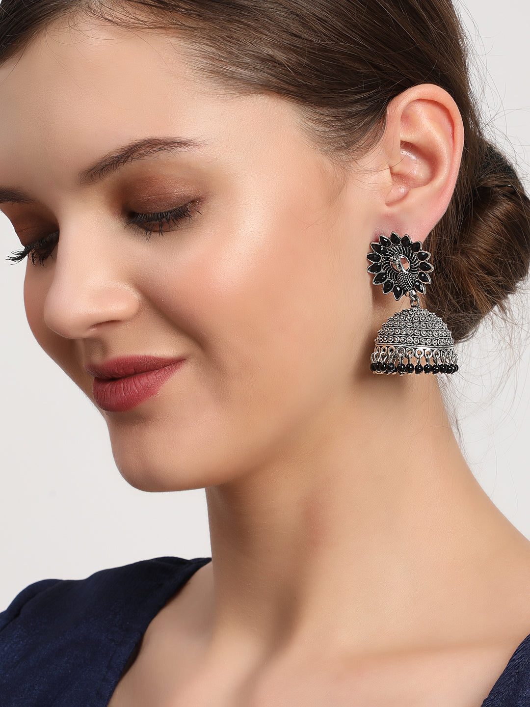 Gold Plated Peacock Shape Painted Enamel Pearl Drop Ethnic Jhumka Earring