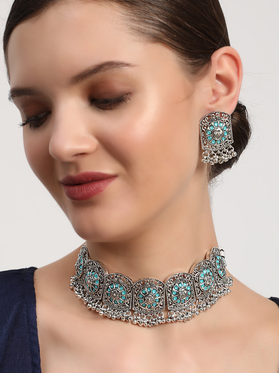 Blue Stones Studded Silver Plated Choker Set