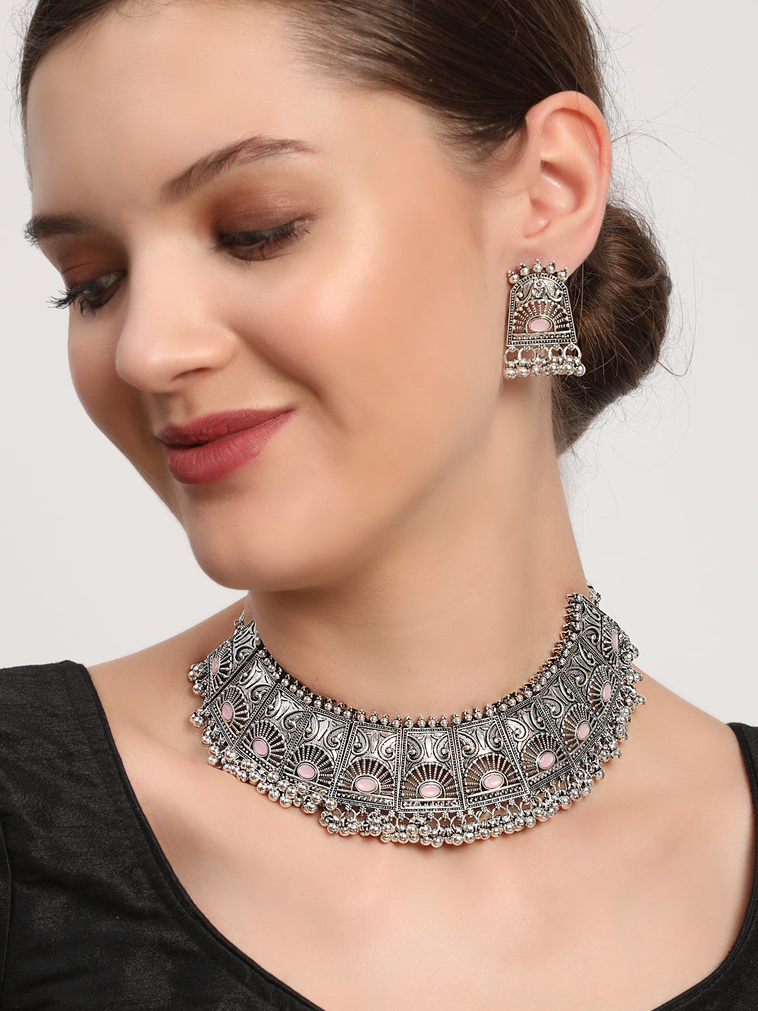 Pink Stones Studded Oxidisedsilver Plated Jewellery Set