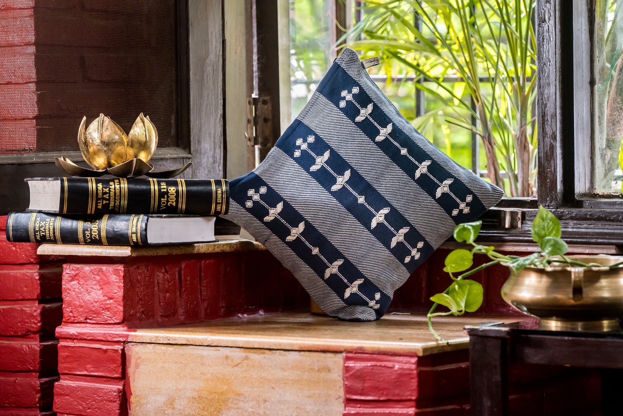 Blue and Grey Extra Weft Woven Cushion Cover