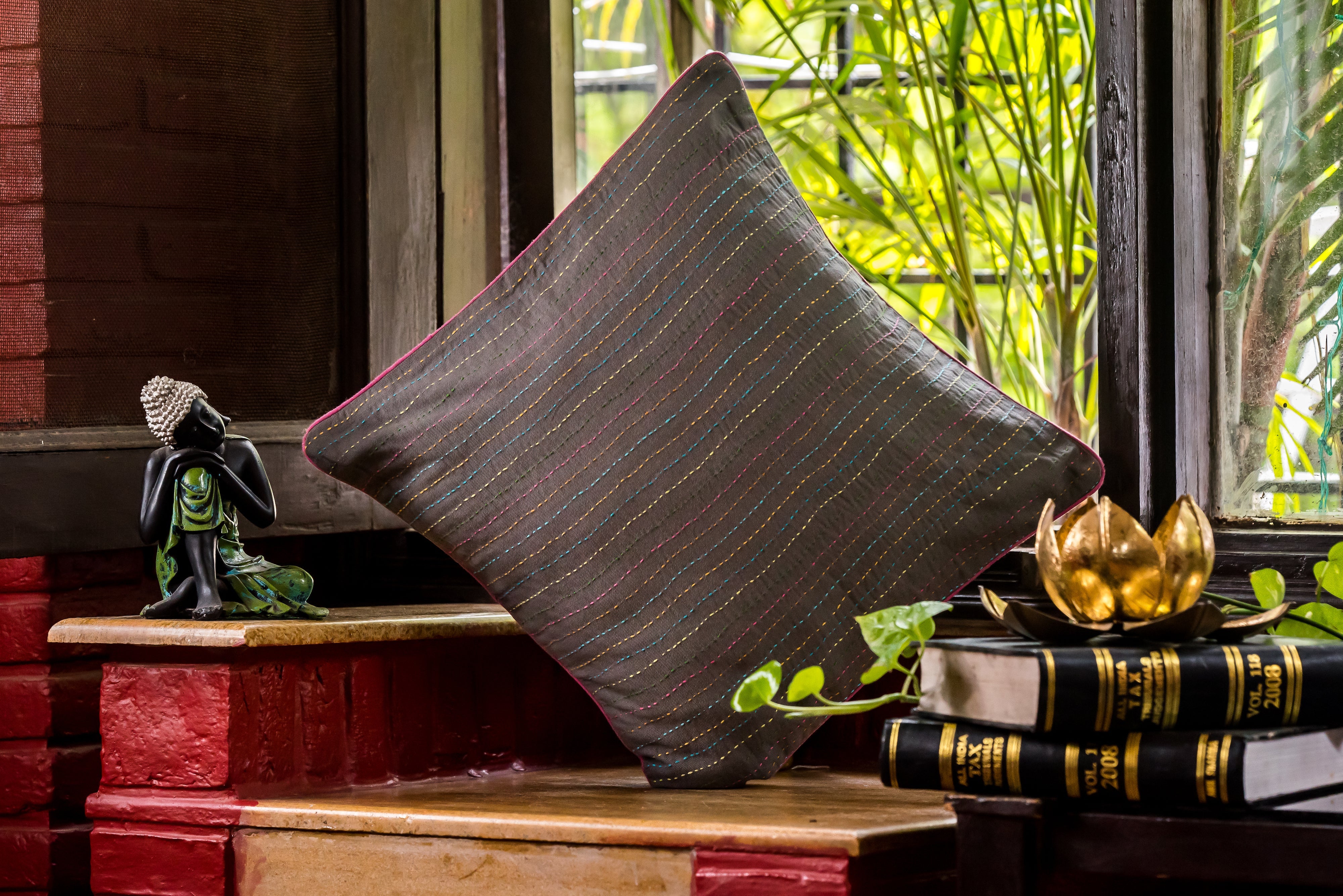 Grey Hand Embroidered Cushion Cover with Kantha Stitch