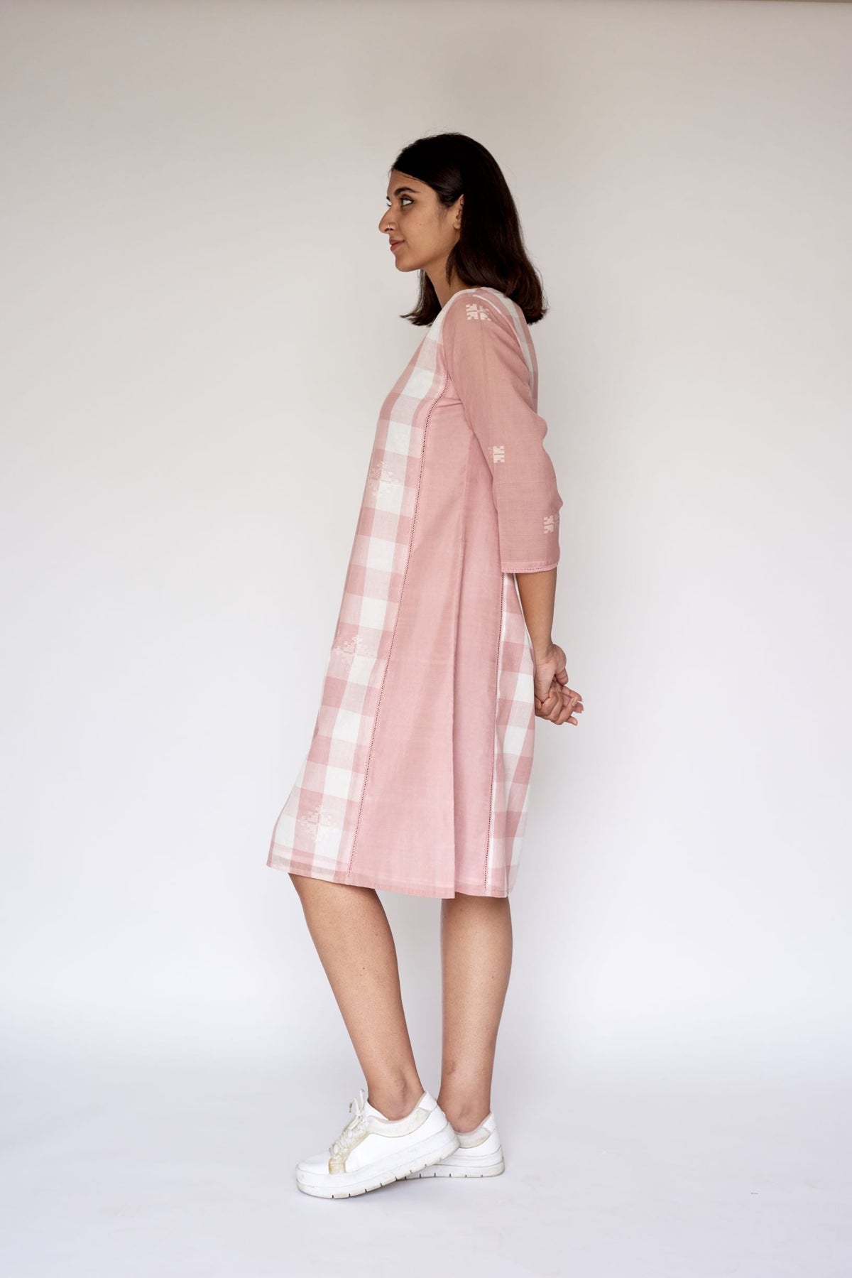 Pink Check Extra Weft Woven A-line Dress Cum Kurta