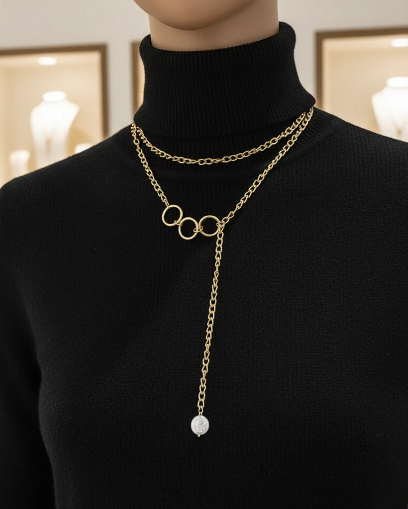 Chic Gold-Tone Layered Necklace Set with Triple Ring Detail & Pearl Drop (Set of 2) pinapes