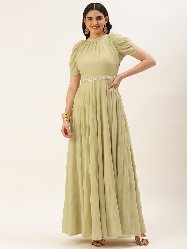 Bollywood Vogue Ready To Wear Beige Georgette Foil Printed Gown