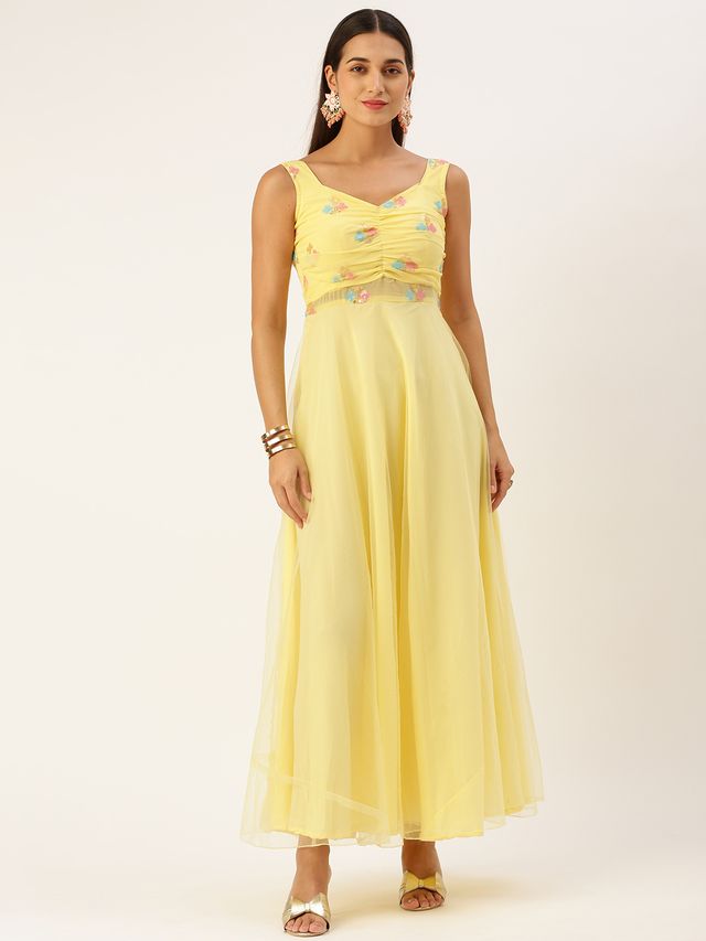 Bollywood Vogue Ready To Wear Yellow Georgette Embroidered Dress