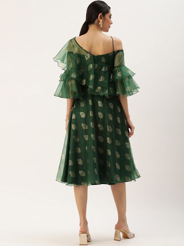 Bollywood Vogue Ready To Wear Green Organza Foil Printed Dress