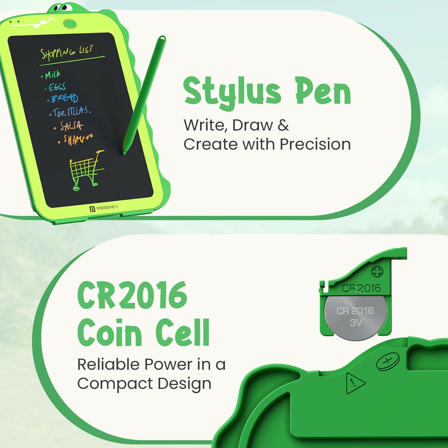 Portronics RUFFPAD DINO 8.5 Multicolor LCD Writing Tablet with One-Tap Erase, Dinosaur Design, Eye-Safe Screen – Green