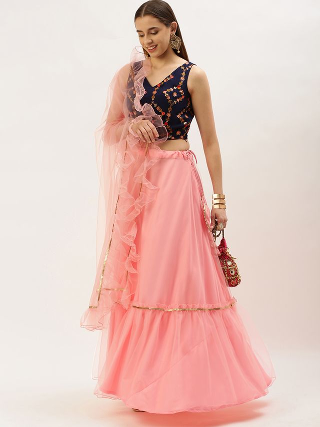 Bollywood Vogue Ready To Wear Royal Blue and Pink Embroidered Lehenga Set