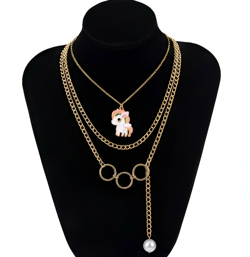 Set of 2 Layered Gold-Tone Necklaces for Women – Cute Cartoon Pendant & Geometric Chain with Pearl Drop pinapes
