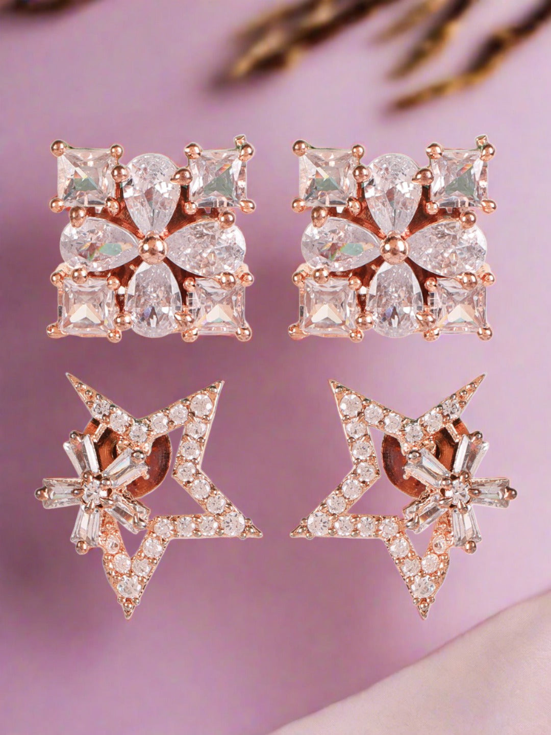 Set Of 2 Rose Gold Plated American Diamond Studded Stud Earrings