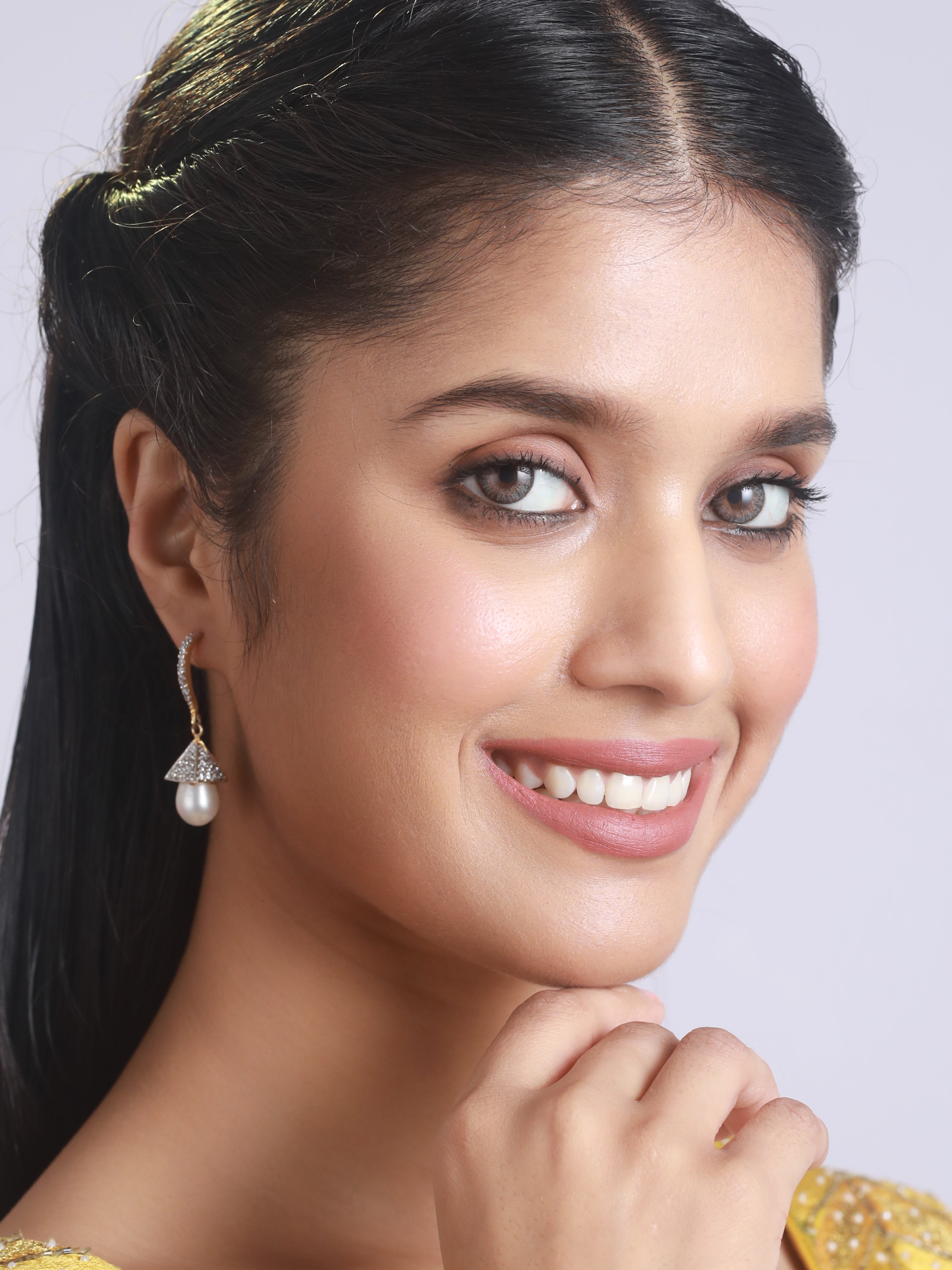 White Gold Plated American Diamond & Pearl Studded Tear Drop Earrings