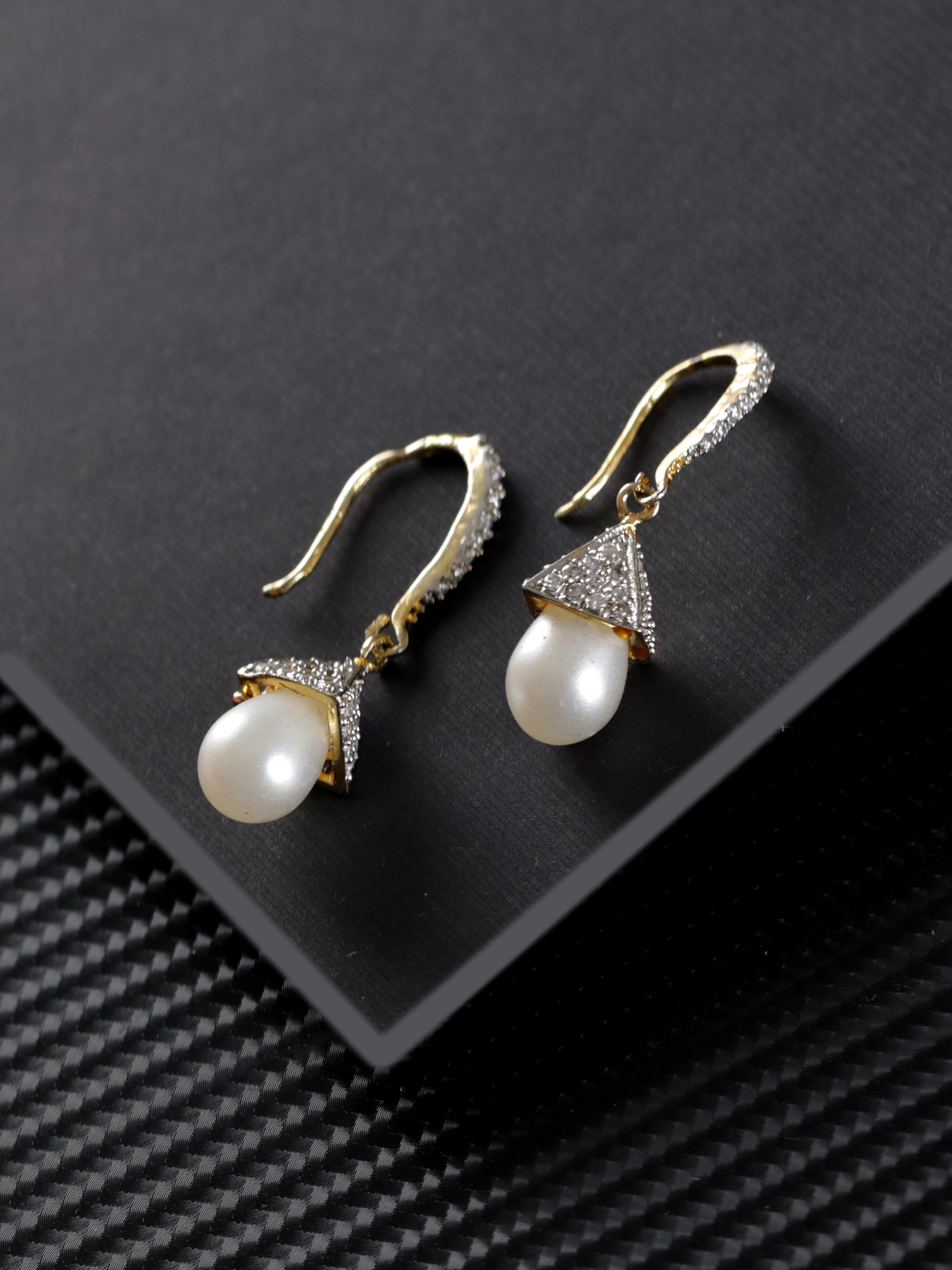 White Gold Plated American Diamond & Pearl Studded Tear Drop Earrings