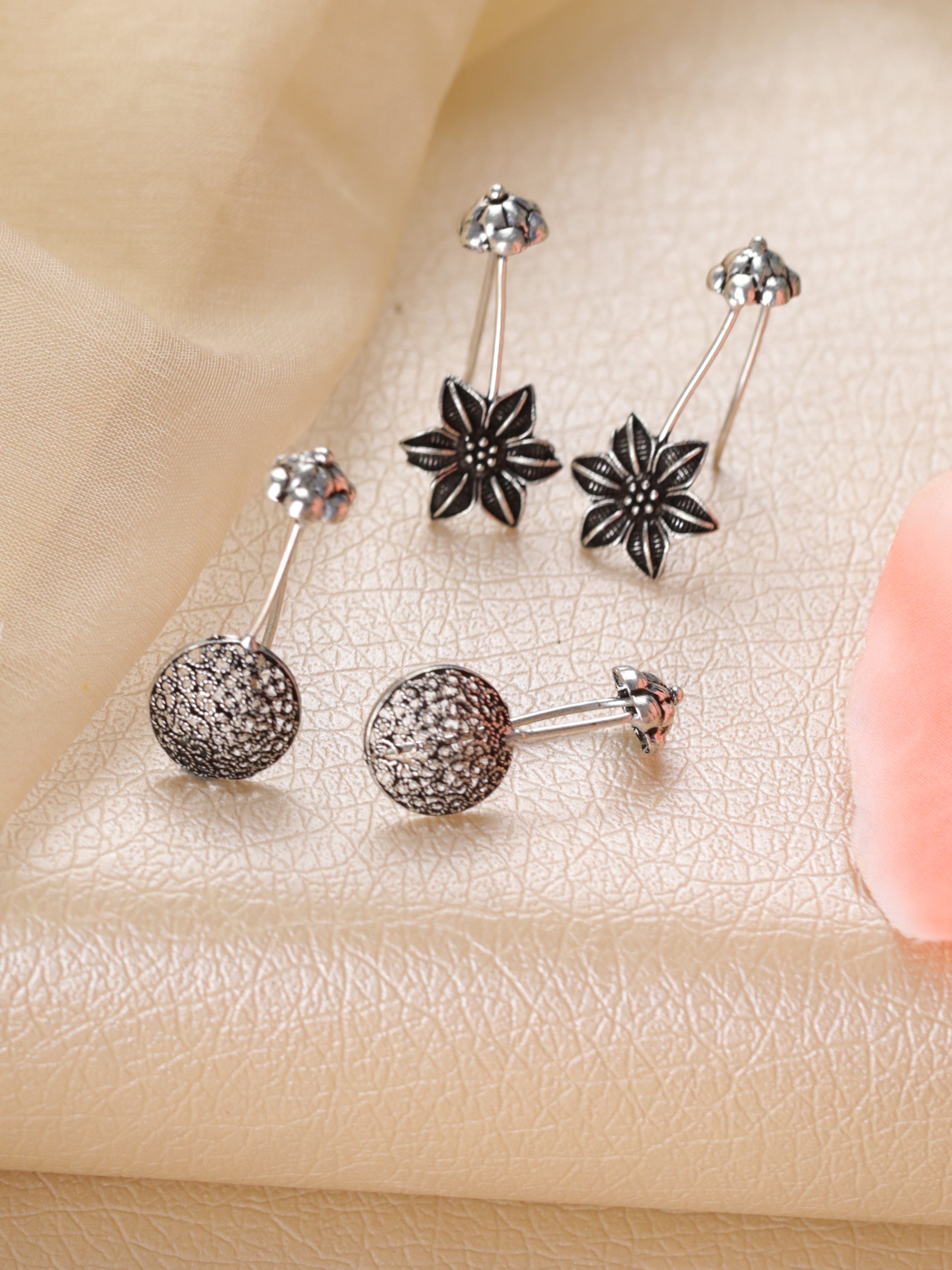 Set Of 2 Silver-Toned & Floral Ear Cuff Earrings