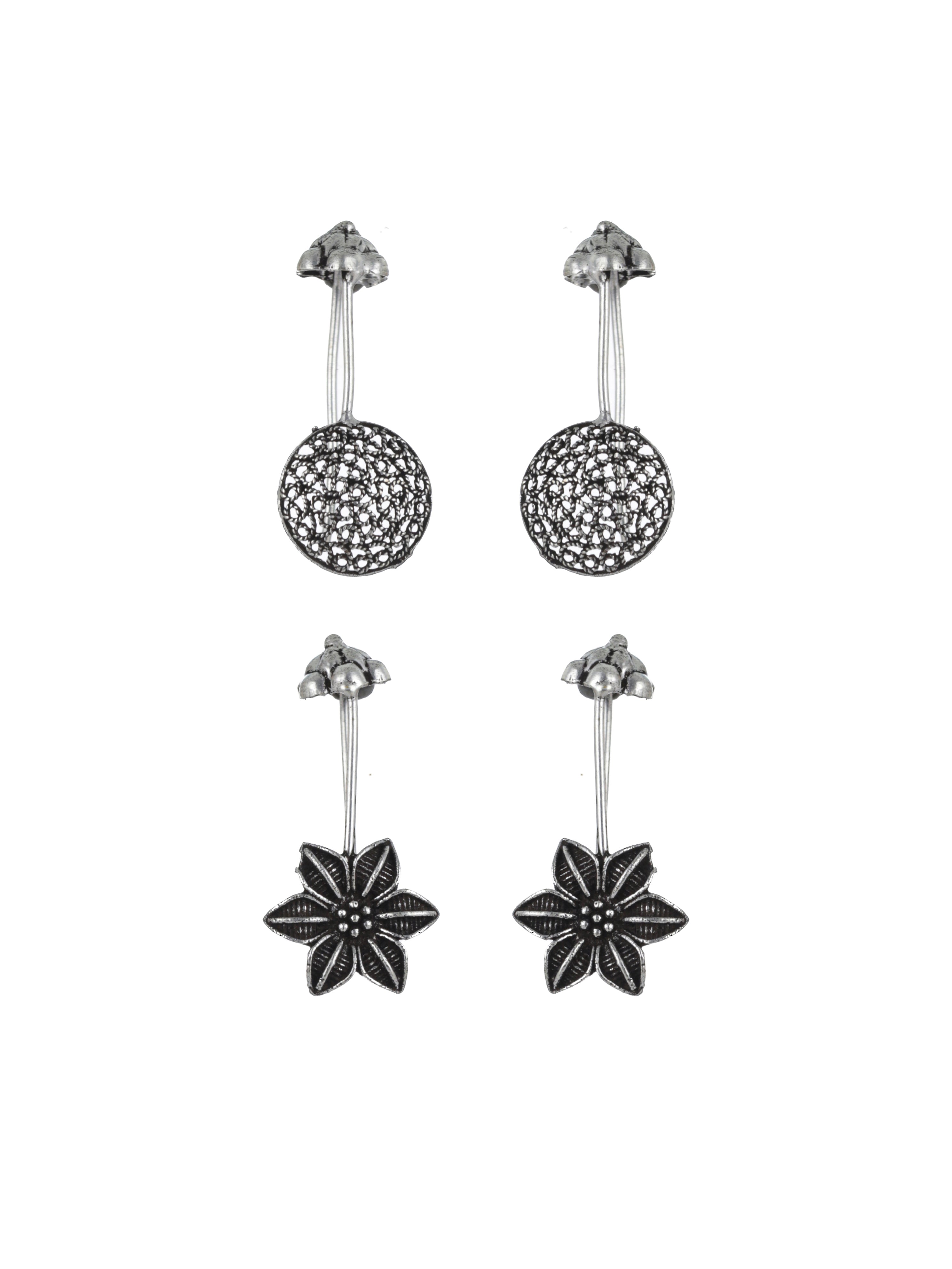 Set Of 2 Silver-Toned & Floral Ear Cuff Earrings