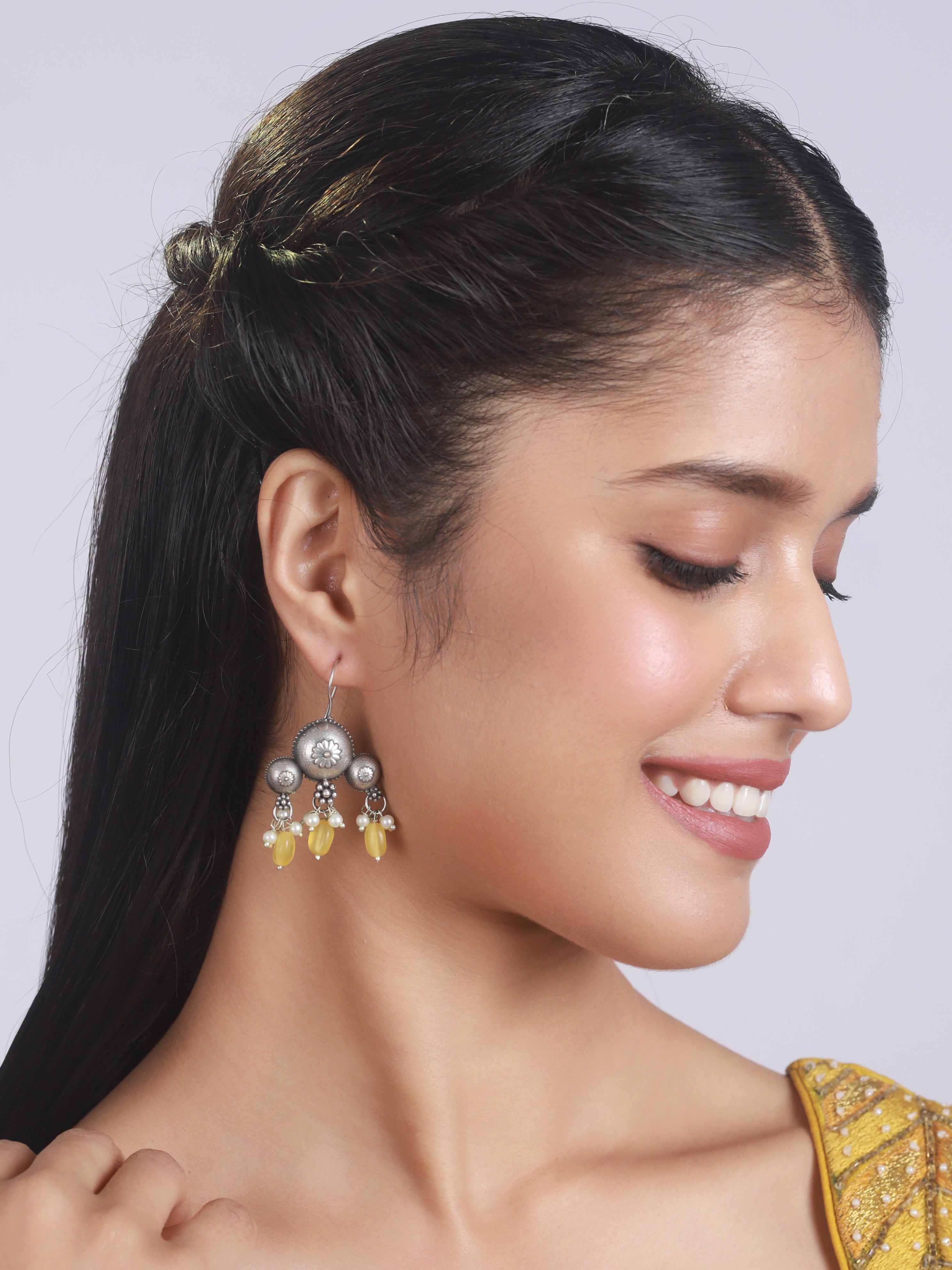 Silver-Plated & Stone Studded & Beaded Contemporary Drop Earrings
