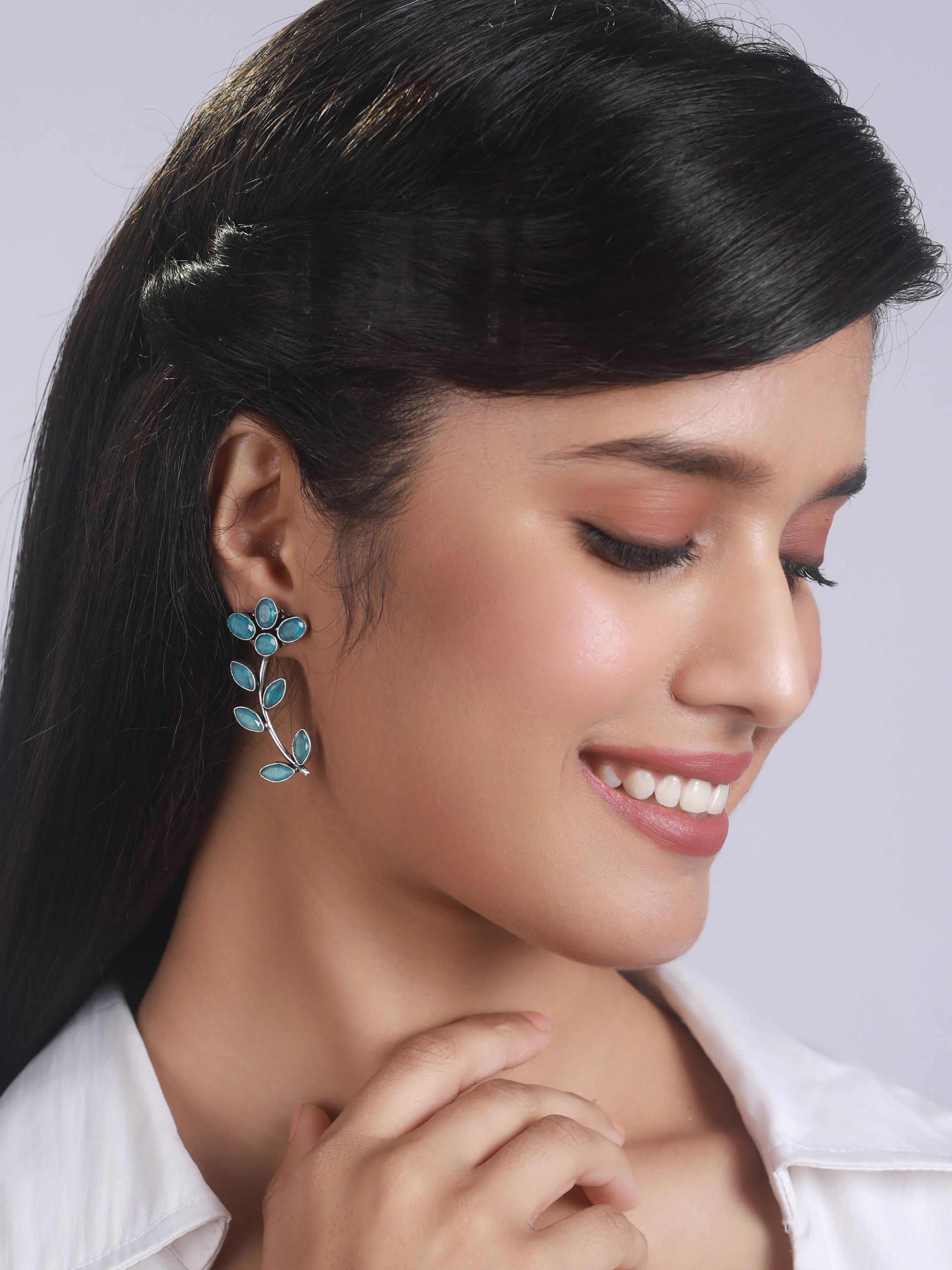 Blue Silver-Plated Handcrafted Leaf Shaped Drop Earrings