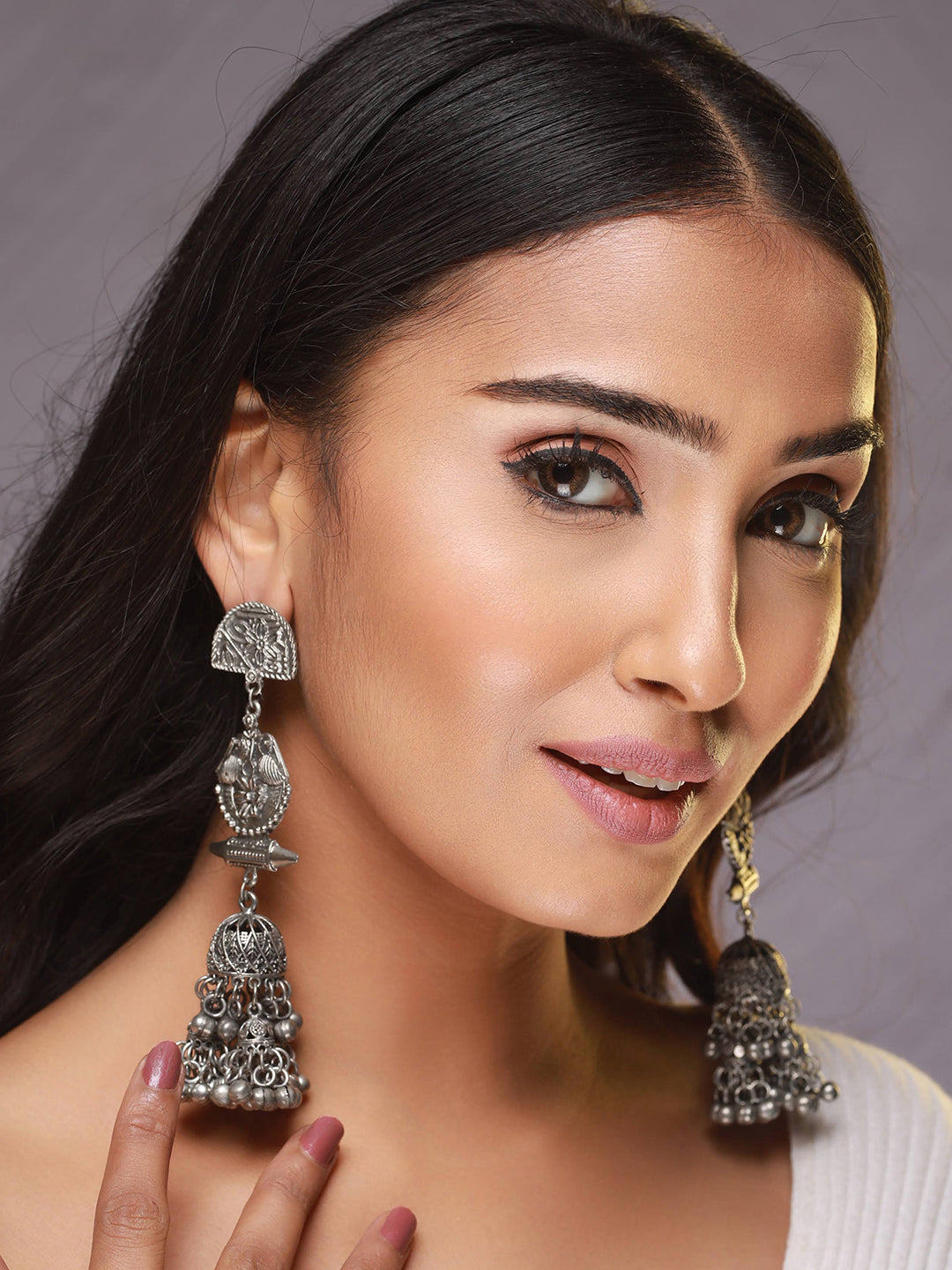 Gunmetal-Toned & Silver-Plated Dome Shaped Jhumkas Earrings