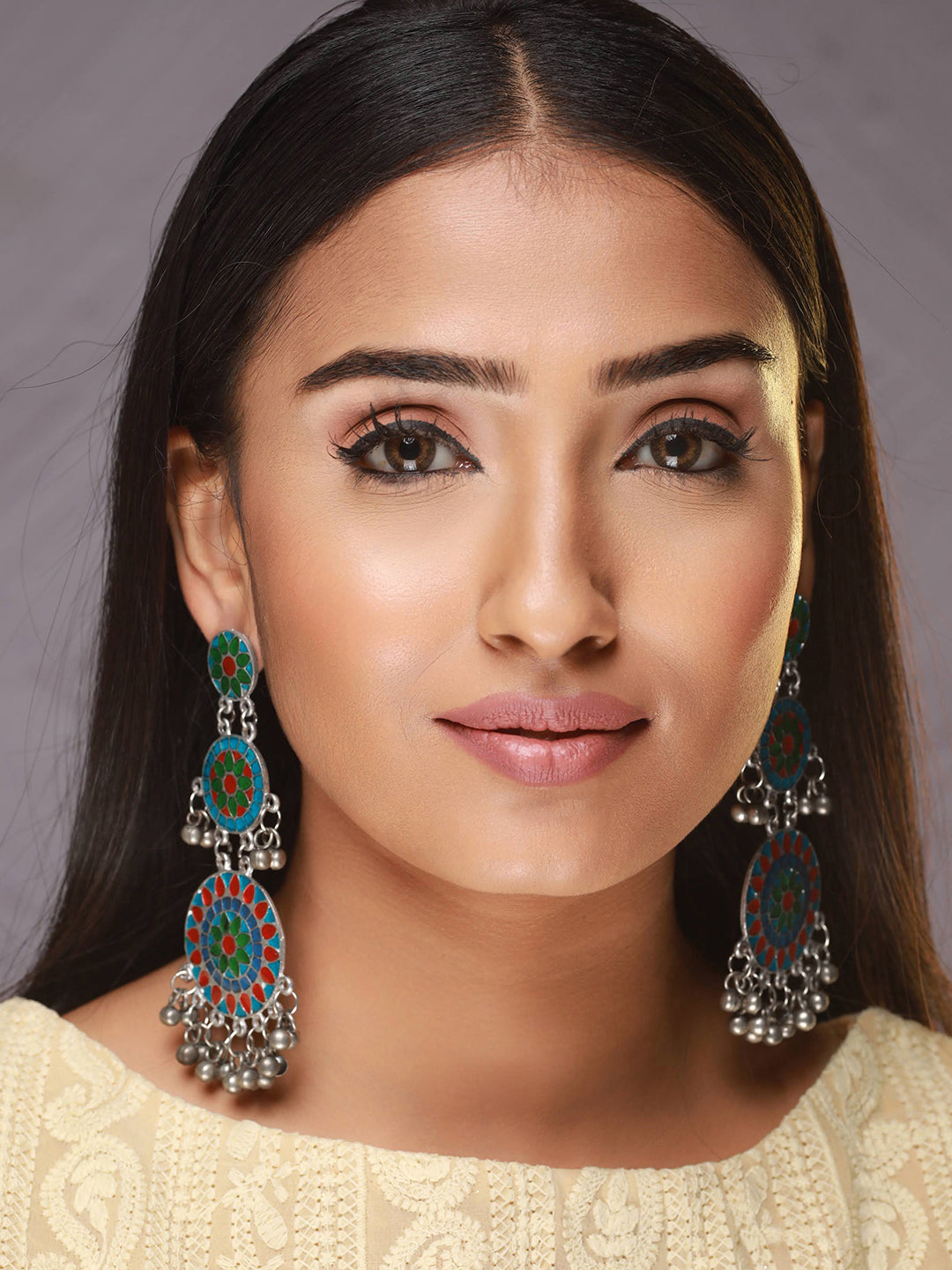 Silver-Plated Oxidised Multi Colored Handpainted Drop Earrings