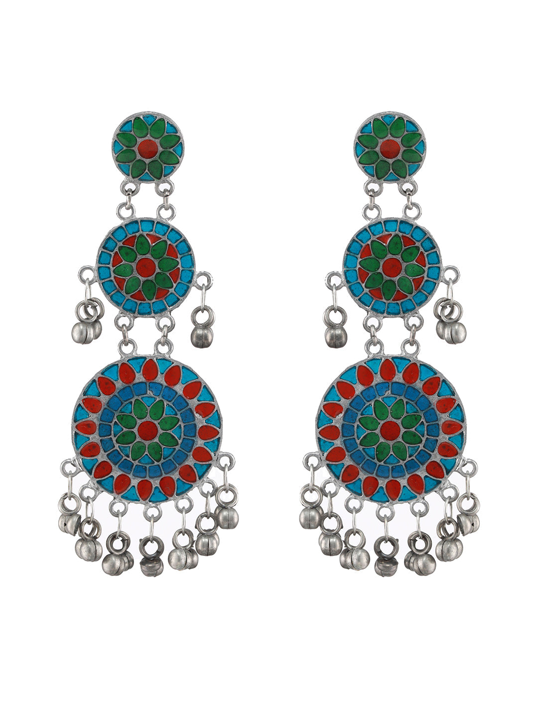 Silver-Plated Oxidised Multi Colored Handpainted Drop Earrings
