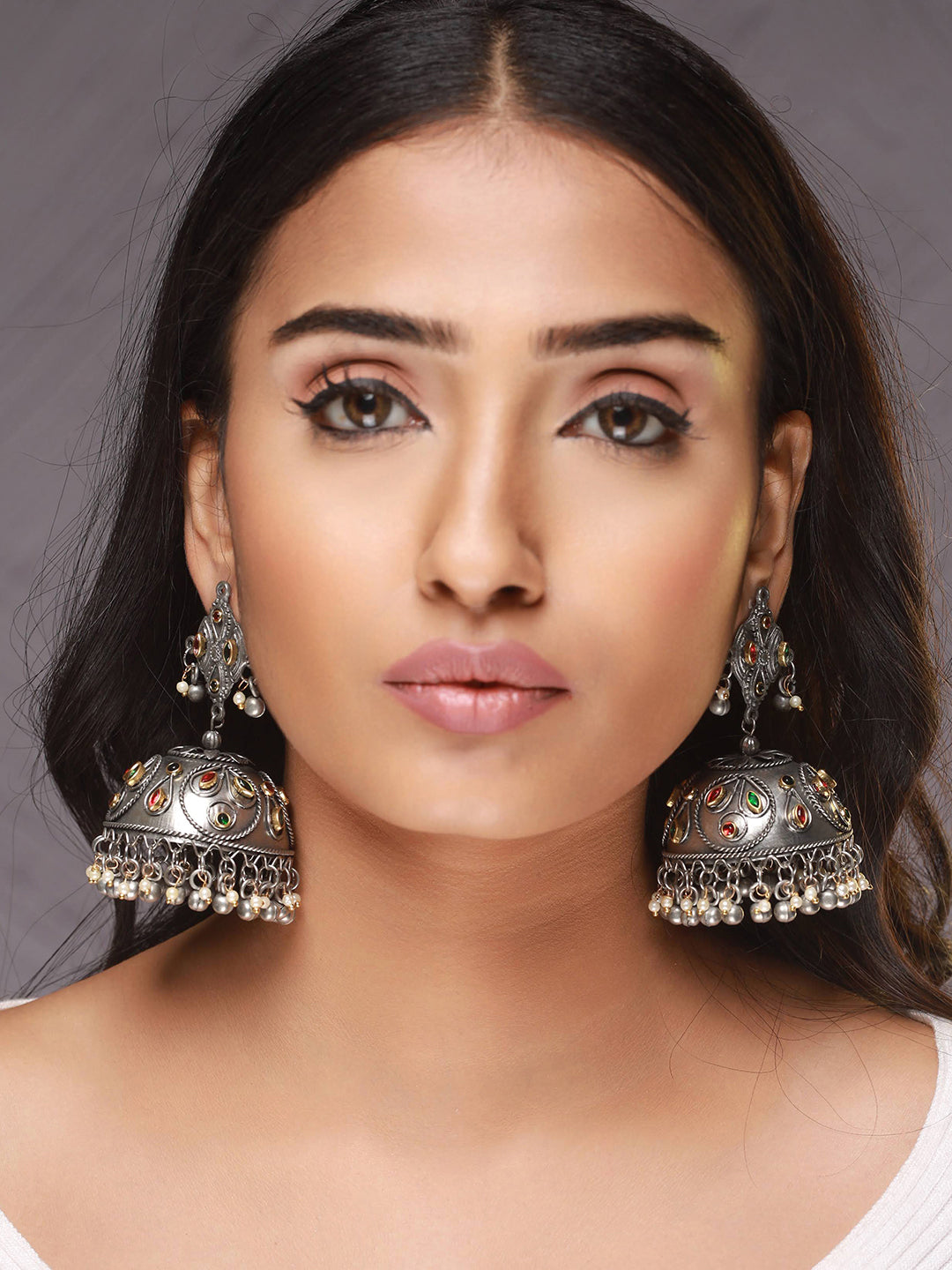 Silver Plated Green & Red Kudan Studed Dome Shaped Jhumkas Earrings