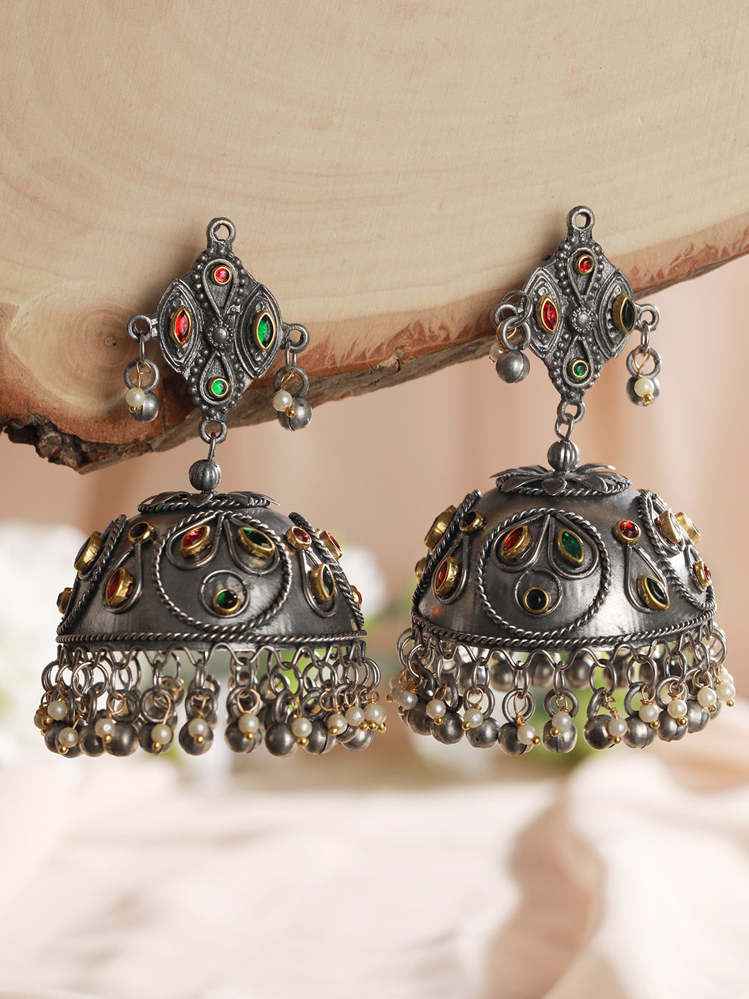 Silver Plated Green & Red Kudan Studed Dome Shaped Jhumkas Earrings