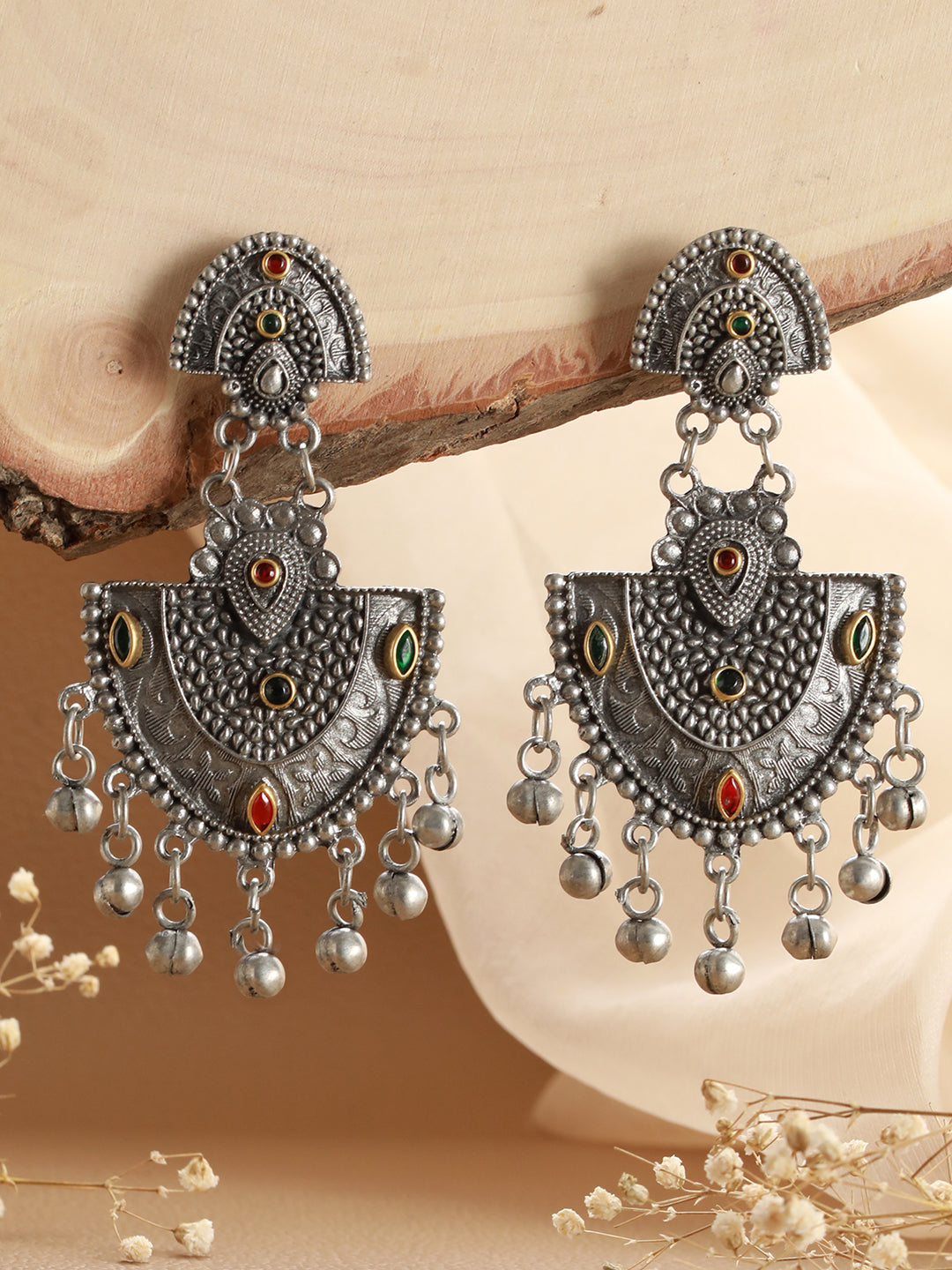 Silver-Toned ,Red & Green Kundan Studed Ghungroo Drop Earrings