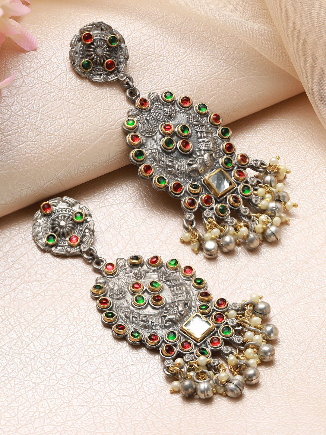 Red & Green Kundan Studded & Beaded Dual Toned Drop Earrings