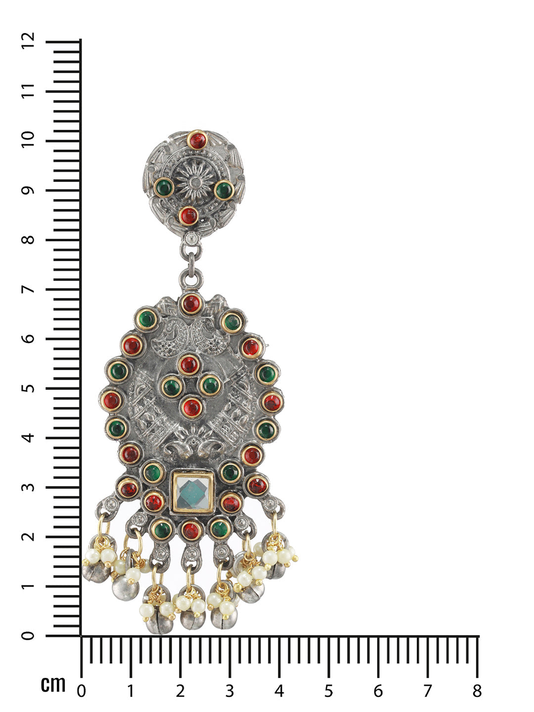 Red & Green Kundan Studded & Beaded Dual Toned Drop Earrings