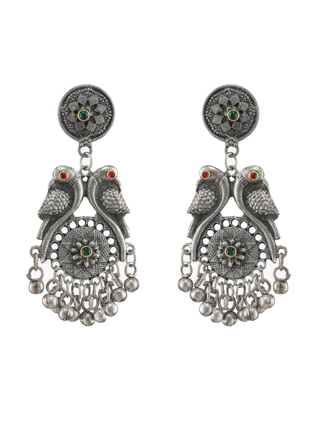 Silver-Toned, Red & Green Kundan Studded Peacock Shaped Drop Earrings