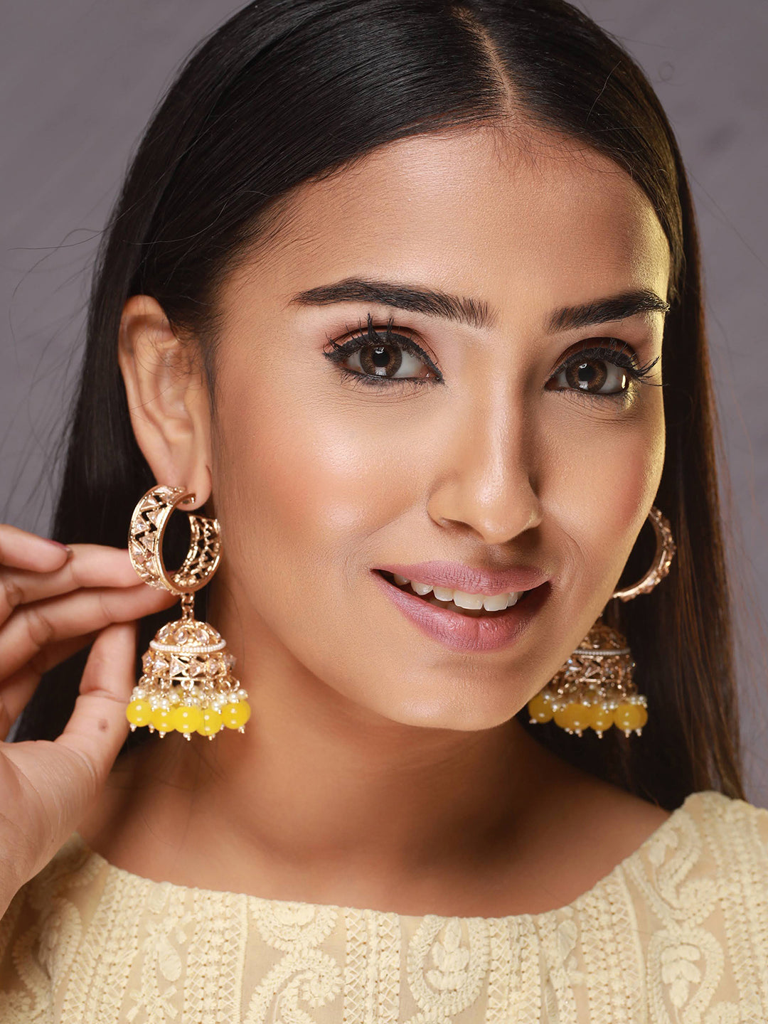 Rose-Gold Plated Ad Studded Yellow & White Beaded Jhumka Earrings