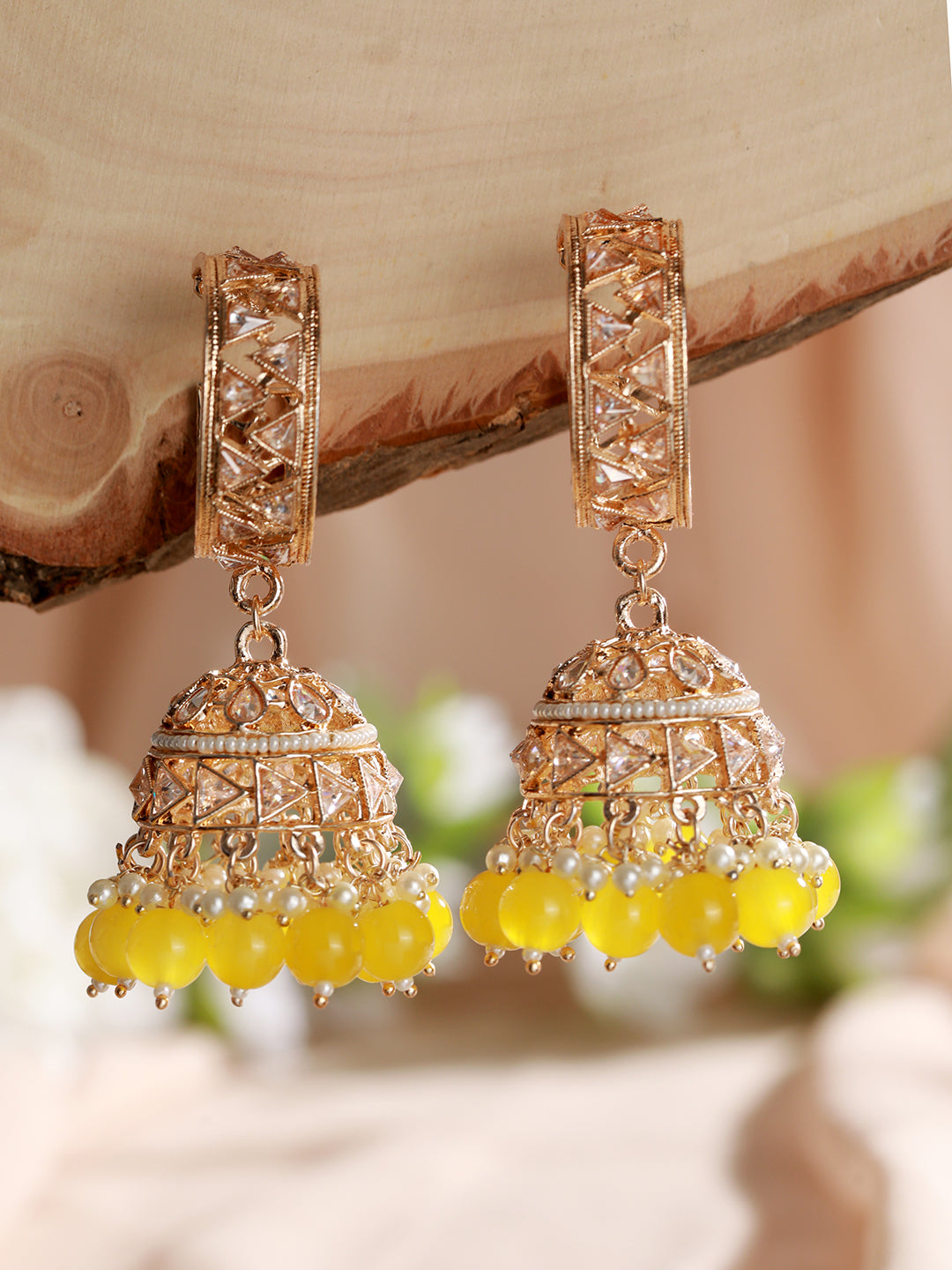 Rose-Gold Plated Ad Studded Yellow & White Beaded Jhumka Earrings